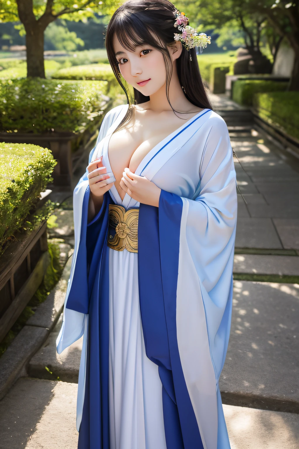 (masterpiece、high-level image quality、hightquality),(Beautiful realistic Japan person、A detailed face、Beautie),21years old、suns、miraculous woman、(In the great outdoors:1.5、mysterious landscape),Mystical costume、((love hymn、Divinity))、(perfect anatomia、Beautiful limbs、Beautiful skin、huge tit)、modeled、gravure、pure、spiritual light、colors of passion、