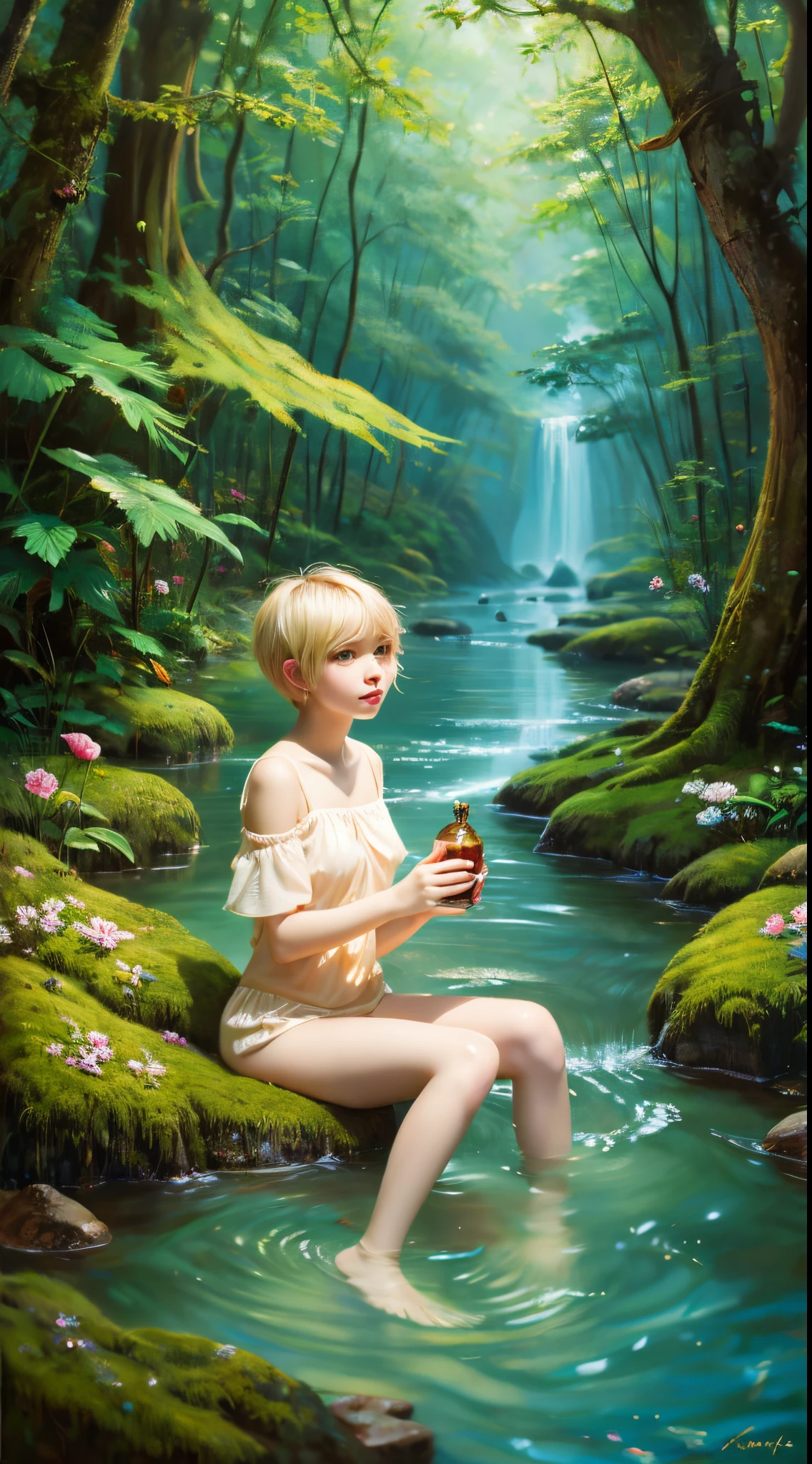 Oil painting touch、Elven Girl、bathing in water、in woods、Blonde pixie cut、Top image quality、​masterpiece、８K