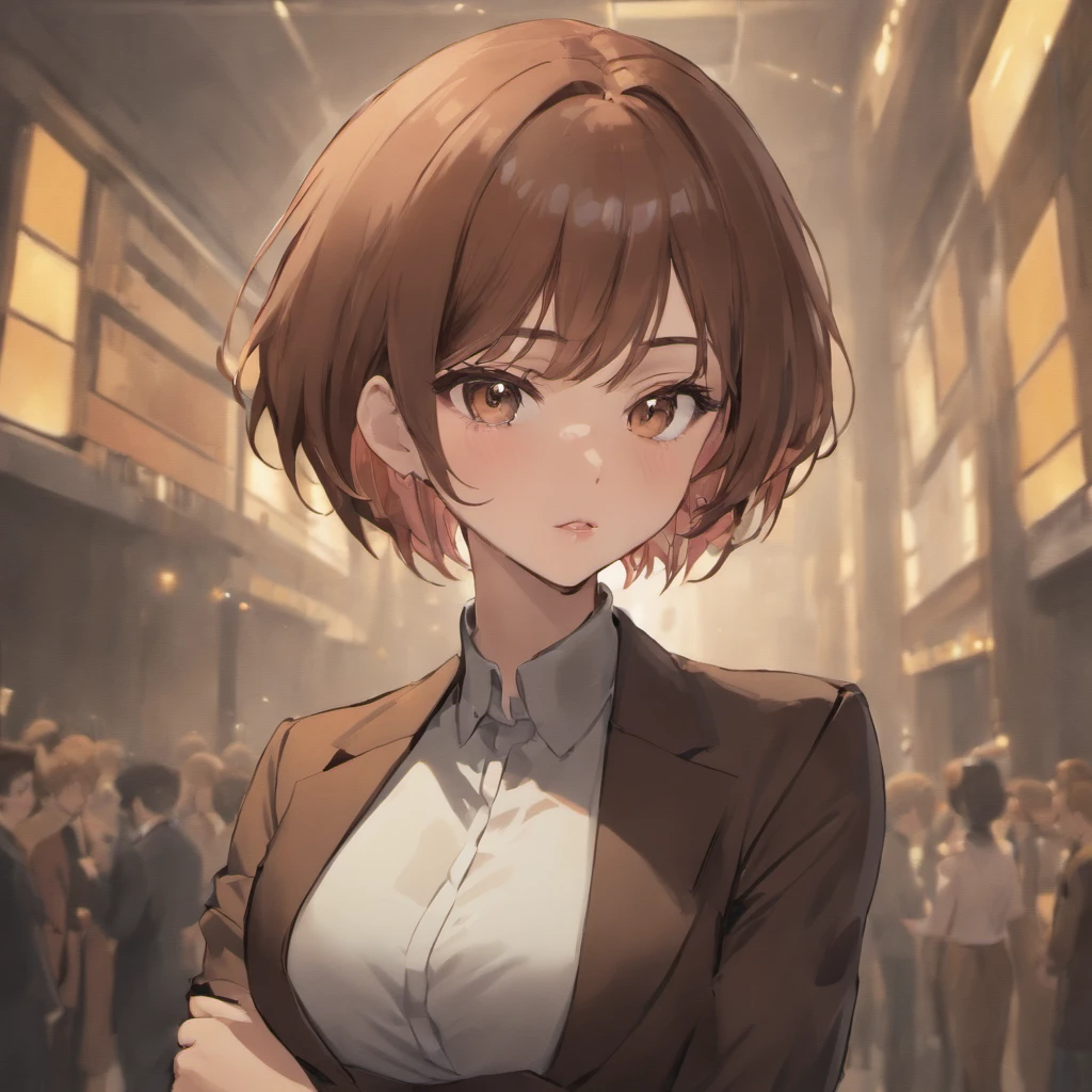 Female busty business woman, short brown hair, wearing makeup, wearing business outfit, sexy, cute, full lips, wearing lipstick, black clothing, brown eyes, busty, has tattoos, wearing earrings