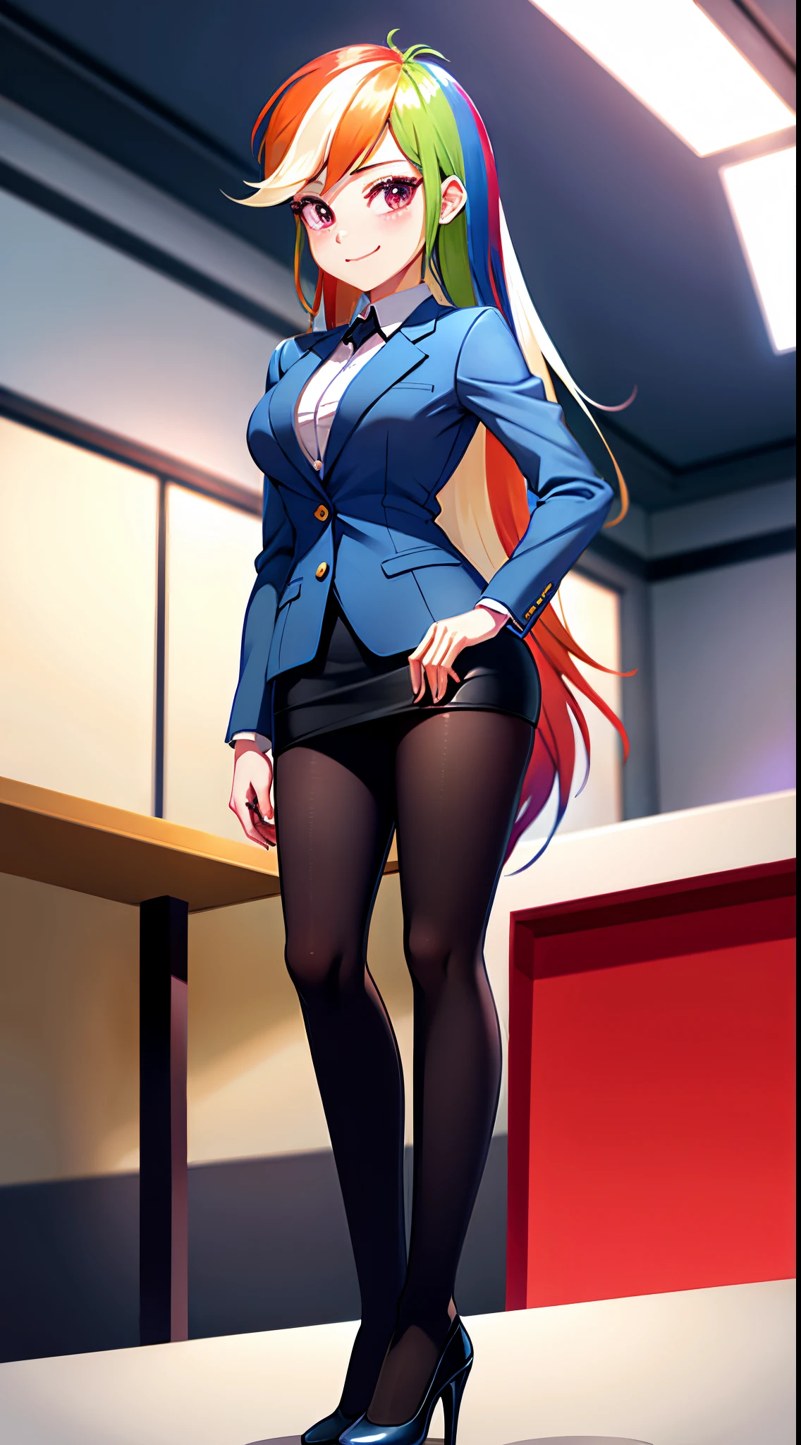 1girl, masterpiece, (detailed background), best quality, absurdres,
smirk, business suit, skirt suit, blazer, pencil skirt, high heels, office, closed mouth, from below,
mlpdash, personification, multicolored hair, colored skin, blue skin,