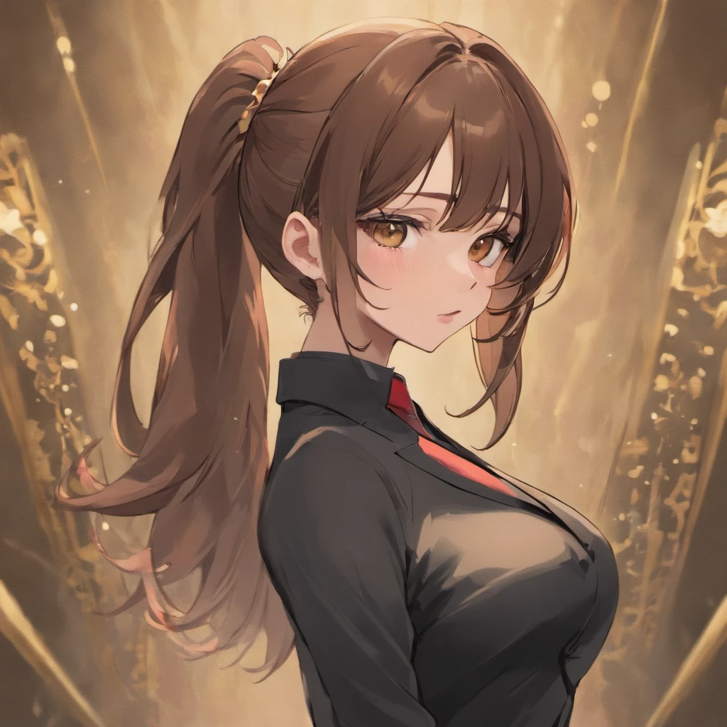 Female busty business woman, brown hair, wearing makeup, wearing business outfit, sexy, cute, full lips, wearing lipstick, black clothing, brown eyes, busty, has tattoos, wearing earrings
