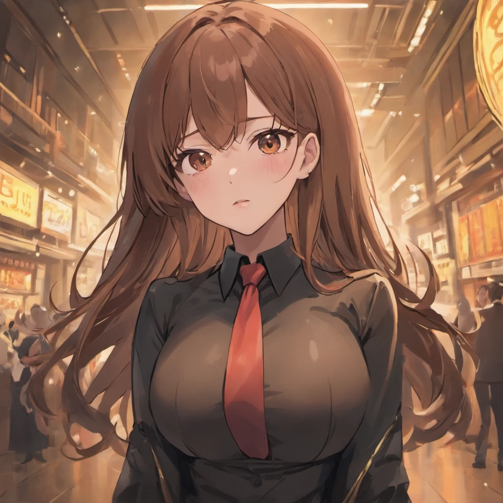 Female busty business woman, long brown hair, wearing makeup, wearing business outfit, sexy, cute, full lips, wearing lipstick, black clothing, brown eyes, busty, has tattoos, wearing earrings