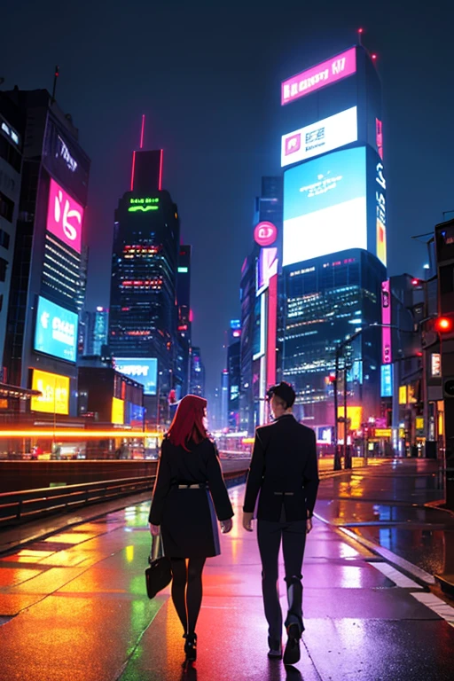 "(best quality,highres,ultra-detailed,realistic:1.37),Cyberpunk,night,couple walking,talking and laughing in the city,red-haired girl with green eyes,black and white-haired boy with blue eyes,anime,dystopian,futuristic,neon lights,glowing signs,tall skyscrapers,rainy streets,multi-level highways,flying vehicles,dark atmosphere,blurred reflections,sleek outfits,high-tech gadgets,dramatic lighting,vivid colors"