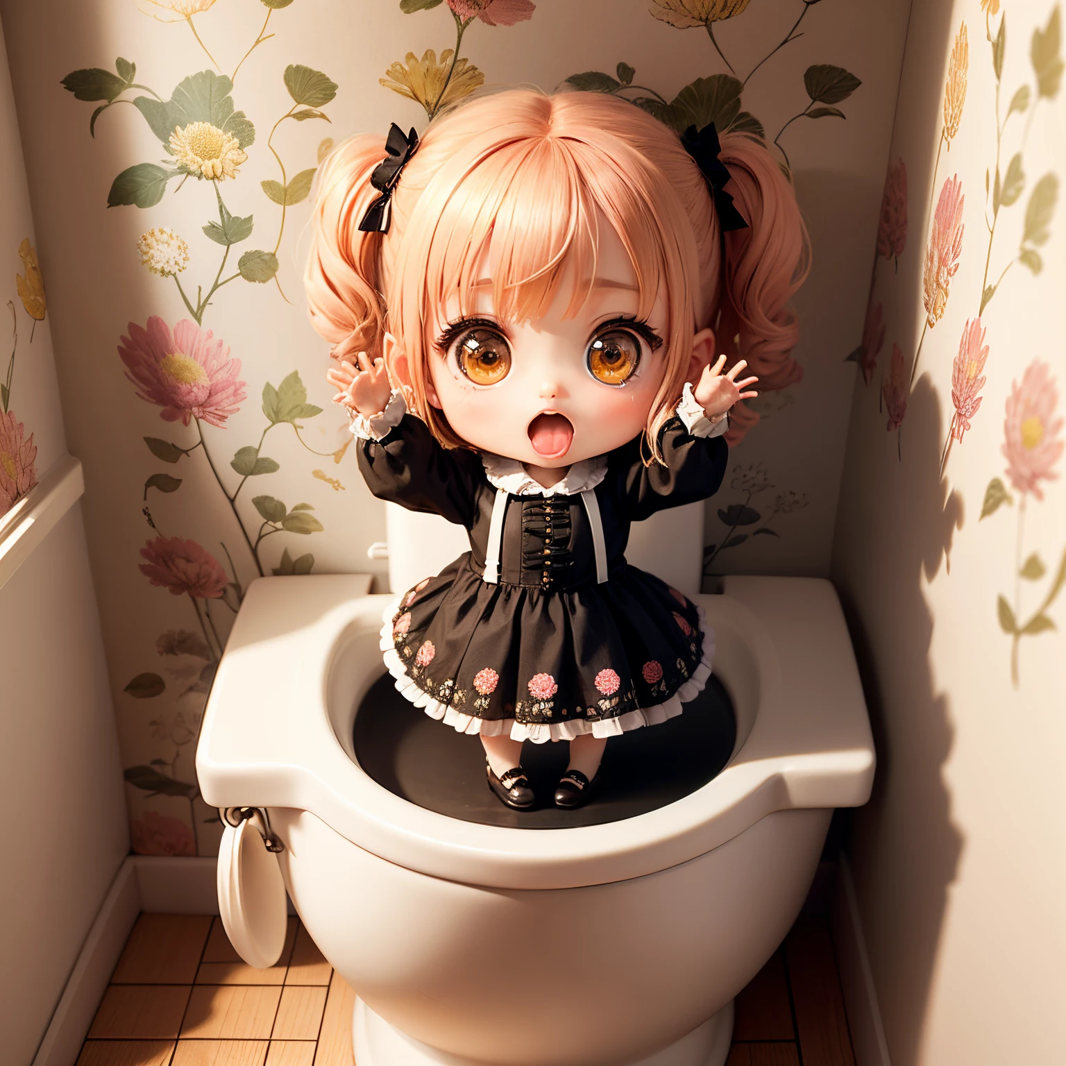 masterpiece、top-quality、ultra-detailliert、(Chibi Chara's Daughter:1.2)、Toilet room、sit on the chibi toilet、raise both hands to the sky、Open your mouth and rejoice、The wallpaper is William Morris' wild chrysanthemum wallpaper.。..