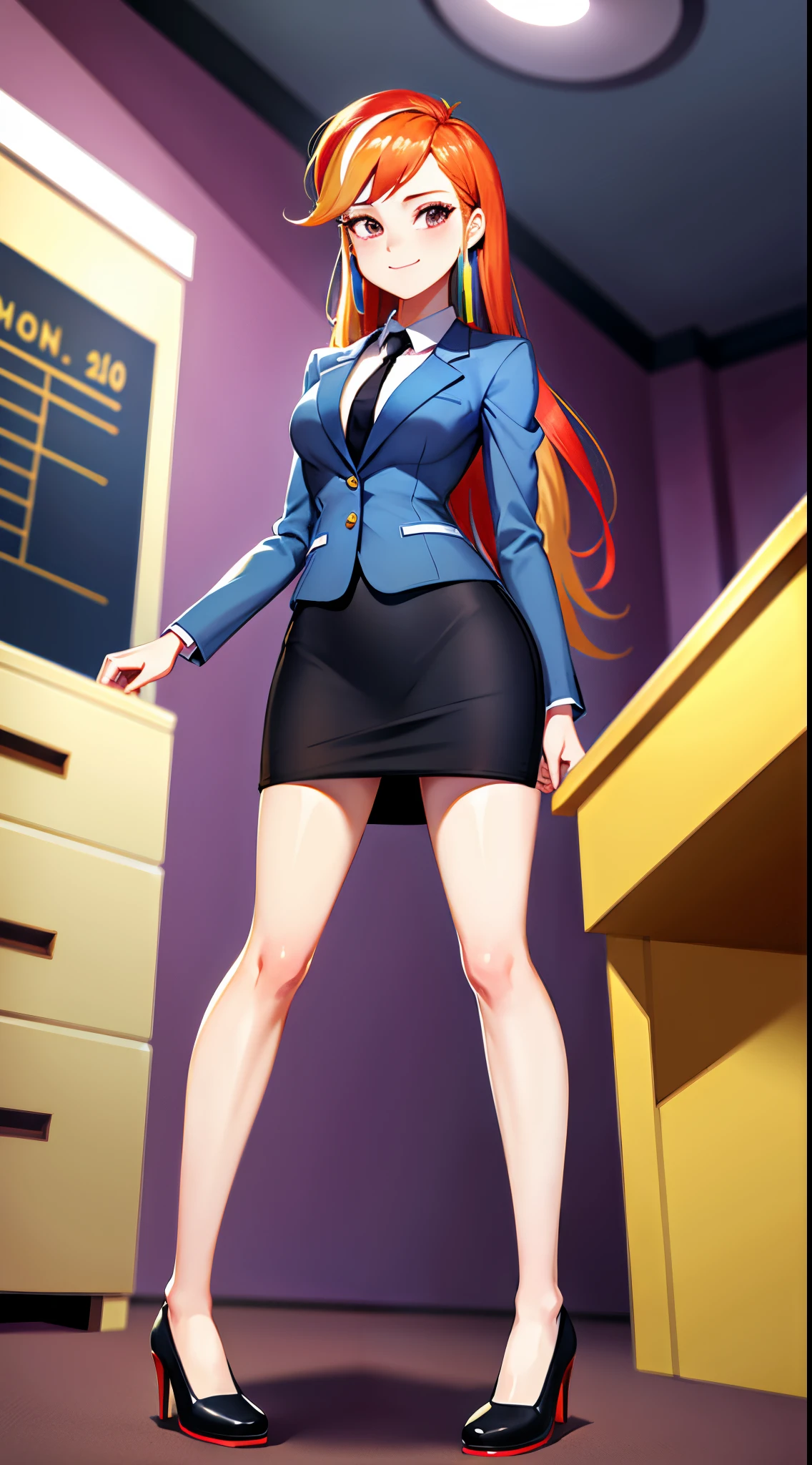 1girl, masterpiece, (detailed background), best quality, absurdres,
smirk, business suit, skirt suit, blazer, pencil skirt, bare legs, high heels, office, closed mouth, from below,
mlpdash, personification, multicolored hair, colored skin, blue skin,