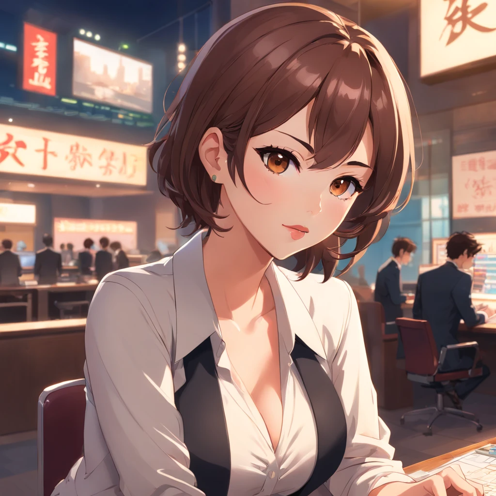 Female busty business woman, brown hair, wearing makeup, wearing business outfit, sexy, cute, full lips, wearing lipstick, black clothing, brown eyes, busty, has tattoos, wearing earrings