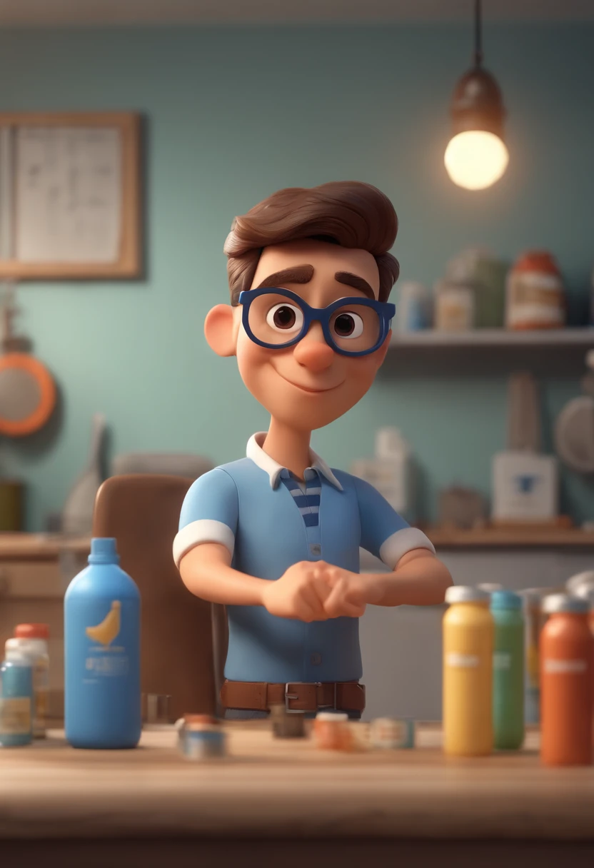 Cartoon character of a young man wearing round gray glasses and a blue shirt with chick clothes and next to several cans of paint and a tinting machine next to him, de cabelo curto e castanho, um personagem animado, Caractere estilizado, animation style rendering, 3D estilizado, Arnold Maya render, 3 d render stylized, toon render keyshot, Personagem 3D, Personagem 3D, 3d rendering stylized, 3 d character render, personagem de desenho animado, Personagem de close up, Pose de personagem, (Estilo Pixar) (master part:1.2) (Bokeh) (best quality) (pele detalhada) (textura detalhada) (8k) (argila) (Cinematic lighting) (foco nítido,Sits and empties upper body in a dental office alone