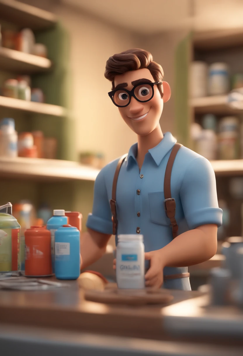 Cartoon character of a young man wearing round gray glasses and a blue shirt with chick clothes and next to several cans of paint and a tinting machine next to him, de cabelo curto e castanho, um personagem animado, Caractere estilizado, animation style rendering, 3D estilizado, Arnold Maya render, 3 d render stylized, toon render keyshot, Personagem 3D, Personagem 3D, 3d rendering stylized, 3 d character render, personagem de desenho animado, Personagem de close up, Pose de personagem, (Estilo Pixar) (master part:1.2) (Bokeh) (best quality) (pele detalhada) (textura detalhada) (8k) (argila) (Cinematic lighting) (foco nítido,Sits and empties upper body in a dental office alone