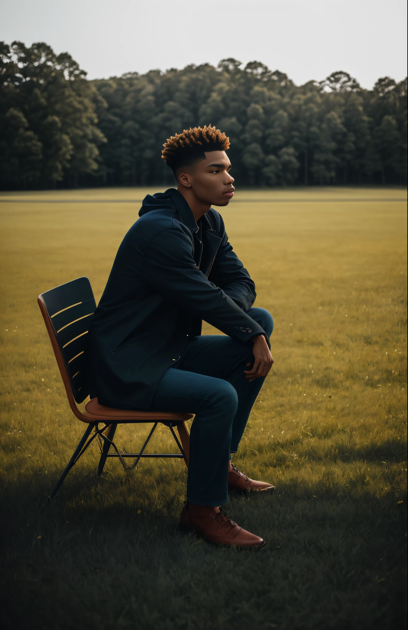 there is a man sitting on a chair in the grass, an album cover by Caro Niederer, unsplash, realism, photo in style of tyler mitchell, smooth in _ the background, very very low quality picture, mid shot portrait, photo portrait, profile shot, cool pose, low quality photo, photo shoot, profile picture 1024px, casual pose