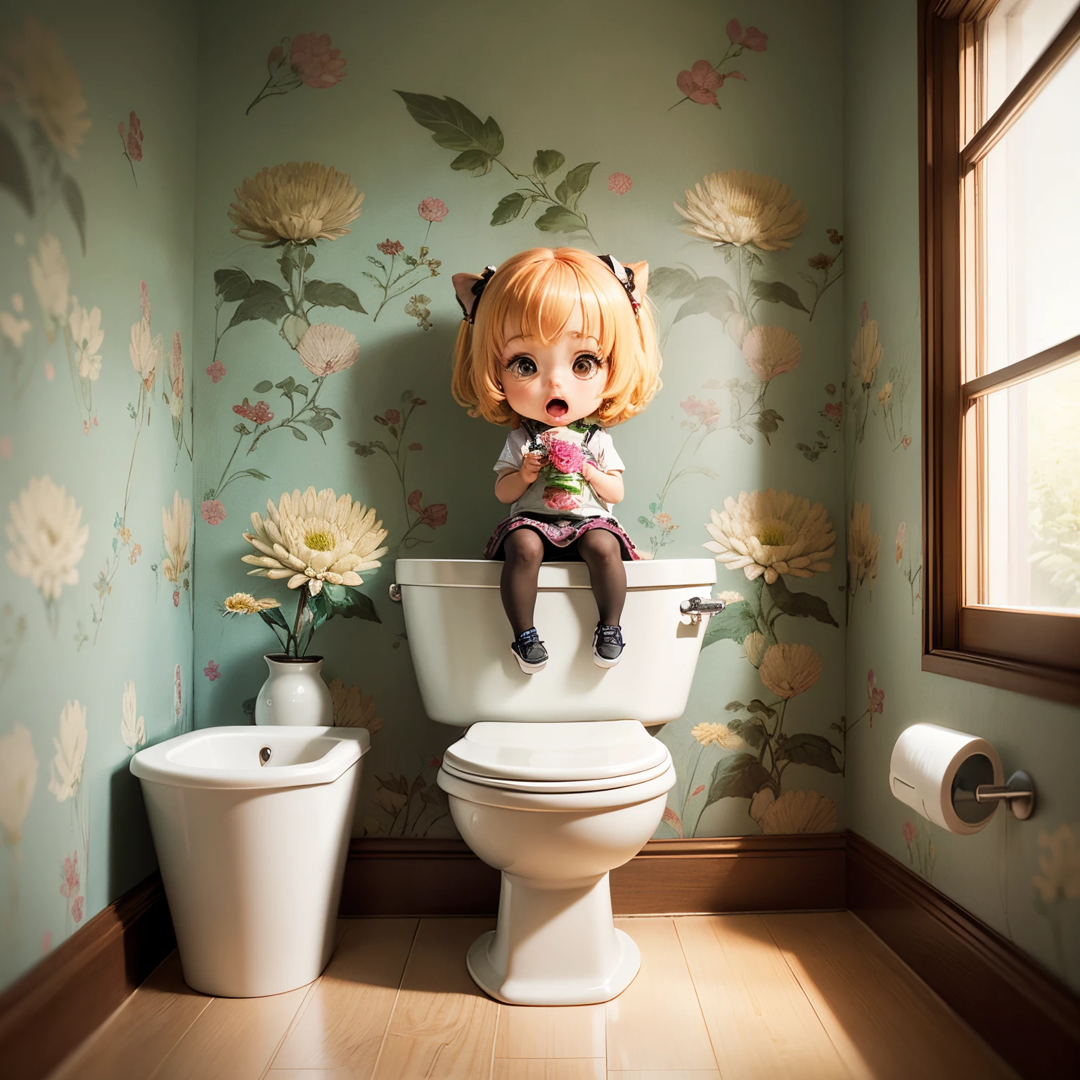 ​masterpiece、top-quality、ultra-detailliert、(Chibi Chara's Daughter:1.2)、Toilet room、sit on the chibi toilet、hurray hand、Open your mouth and rejoice、The wallpaper is William Morris&#39;wild chrysanthemum wallpaper.