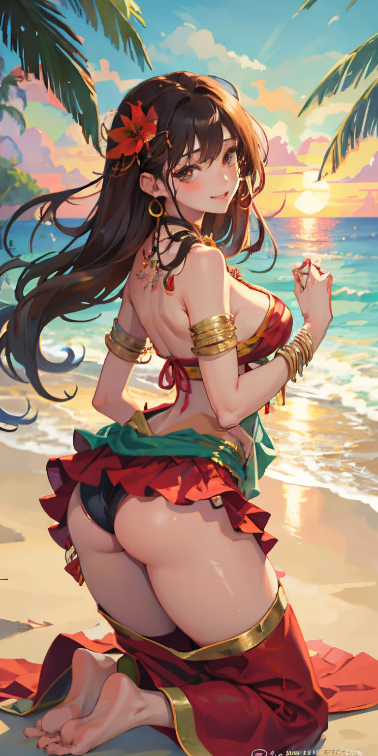 16 year old girl with a realistic smile、Big buttocks、Buttock emphasis、wink sunset sunset beautiful face smile、Buttock emphasis、Kneeling、A super close-up shot looking back from underground that emphasizes the buttocks、Slightly thicker emphasis on the thighs、She is wearing a micro bikini with a floral pattern on her chest.....................、Emphasis on cleavage、sexy brown skin tone、Tahitian dancer、dance tahitian dance、pareo(wear a skirt around the waist)、seashell necklace around neck、hibiscus ornament in hair、Sexy Posing、Tropical Beach