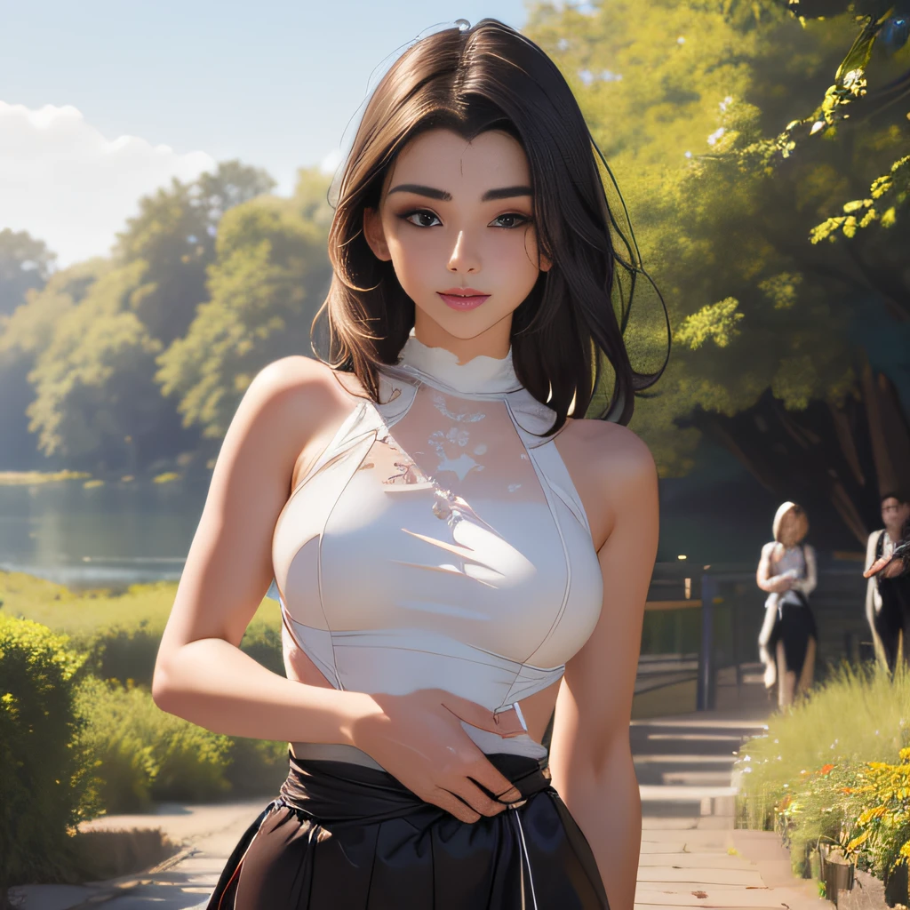 (Extremely detailed 8k wallpaper:2), (photo:2), (soigne Beautiful girl:2), (gives a lecture to friends:2), detailed (Face and eyes), (hyper realistic:1), (highly detailed:1), (epic realistic:1), rim light, (maximum details:1), cozy, (fullbody:1.3), (looking at viewer:2.0), (Woman's Attractive Qualities:2), (Attractive Woman:2), (Attractive:2), Smile, Intelligence, Empathy, Gracefulness, Sense of Style, Fitness, Grooming, Optimism, (Sensitivity:2), Sincerity, Romantic Gestures, Playfulness, Fashion Sense, (Sensuality:2), Charm, Modesty, Thoughtfulness, (Femininity:1), Flirtatiousness, Warmth, (Physical attractiveness:2), A beautiful smile, A love of life, strength and power, vulnerability, curiosity, wonder, love, (nature background:2), kawaii, waifu, Beautiful breasts, (attractive body:2), (Beautiful body:2), Beautiful pose, attractive pose, (Beautiful legs:1.0), (Beautiful clothes:1), (classic clothes:2), (elegant clothes:2), (European clothes:2), detailed clothes, (skirt:1), (blouse:1), (provocative pose)