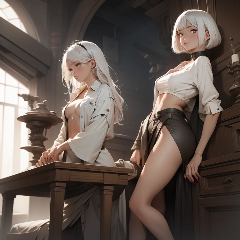 (masterpiece), (best quality), (1girl), solo, sexy, perfect body, white hair, bobcut hair, open shirt