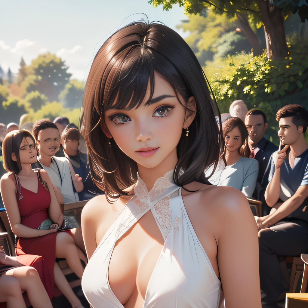 (Extremely detailed 8k wallpaper:2), (photo:2), (soigne Beautiful girl:2), (gives a lecture to friends:2), detailed (Face and eyes), (hyper realistic:1), (highly detailed:1), (epic realistic:1), rim light, (maximum details:1), cozy, (fullbody:1.3), (looking at viewer:2), (Woman's Attractive Qualities:2), (Attractive Woman:2), (Attractive:2), Smile, Intelligence, Empathy, Gracefulness, Sense of Style, Fitness, Grooming, Optimism, (Sensitivity:2), Sincerity, Romantic Gestures, Playfulness, Fashion Sense, (Sensuality:2), Charm, Modesty, Thoughtfulness, (Femininity:1), Flirtatiousness, Warmth, (Physical attractiveness:2), A beautiful smile, A love of life, strength and power, vulnerability, curiosity, wonder, love, (nature background:2), kawaii, waifu, Beautiful breasts, (attractive body:2), (Beautiful body:2), Beautiful pose, attractive pose, (Beautiful legs:1.0), (Beautiful clothes:1), (classic clothes:2), (elegant clothes:2), (European clothes:2), detailed clothes, (skirt:1), (blouse:1), (provocative pose)
