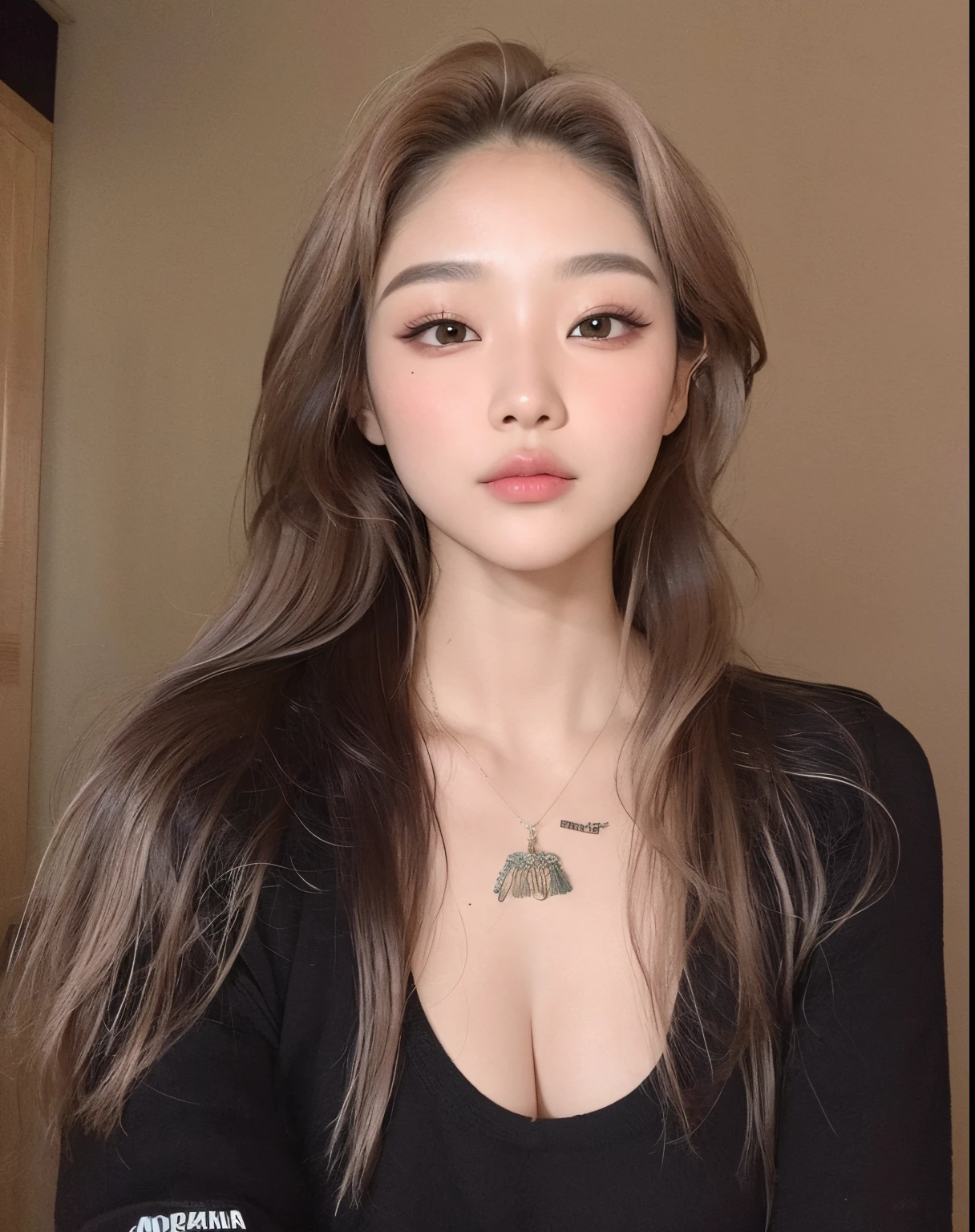 um close up de uma mulher com cabelos longos e um top preto, Mulher sul-coreana bonita, linda mulher coreana jovem, menina coreana, maquiagem sul-coreana popular, maquiagem coreana popular, mulher coreana jovem bonita, Ulzzang, rosto sexy com maquiagem completa, korean face features, Mulher coreana, korean symmetrical face, Beautiful Asian girl, Asian girl with long hair