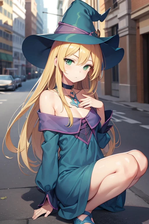 Dark magician girl, Dark Magician Girl, Blonde hair, Choker, (Green eyes:1.5), Long hair,
BREAK bare shoulders, blue footwear, blush, blush stickers, cleavage, 鎖骨, duel monster, hat, off shoulders, pentacle, Wizard Hat, (Blue clothes:1.5),
BREAK looking at viewer,
BREAK outdoors, city,
BREAK (masutepiece:1.2), Best Quality, High resolution, Unity 8k壁纸, (Illustration:0.8), (Beautiful detailed eyes:1.6), extra detailed face, Perfect Lighting, extremely details CG, (Perfect hands, Perfect Anatomy),