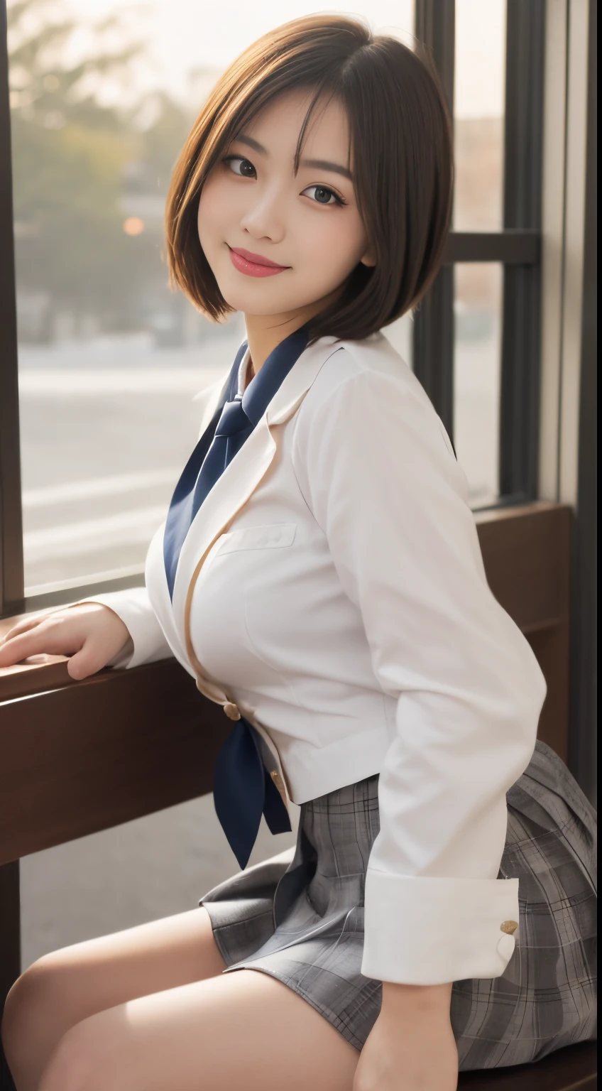 (8k,Ultra-high resolution,Highest quality,masterpiece,Realistic,Ultra-high resolution,High-quality RAW color photos,Professional photos,Realistic,Realistic),Natural skin texture,Fine skin,Hyperrealism,Intricate details,Adult women,Eye highlights.Lip gloss,Glossy Lips,(Cute smile,Short Hair,Dark blonde hair,bangs),(((gigantic breast,Big Breasts))),(Schoolgirl uniform,(White Cutter Shirt,Thong),Azure check patterned pleated mini skirt,tie),Urban area,((face focus,Staring at the audience,spread legs,Squat)),((((windy up skirt,Panty shot))))