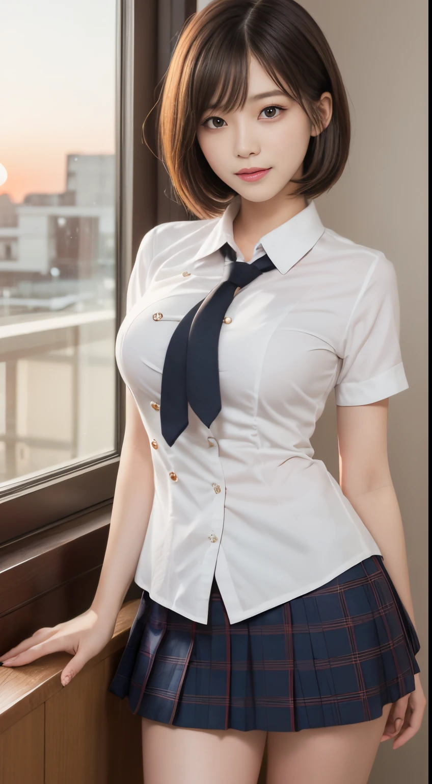 masutepiece, Best Quality, Illustration, Ultra-detailed, finely detail, hight resolution, 8K Wallpaper, Perfect dynamic composition, (Beautiful detailed eyes:1.1), Ribon tie, High School Uniform, frilled miniskirt, Wavy short bob hair, (huge-breasted:1.2), Bold sexy poses, Smile, School, a 18 year old girl, (Cute 1.3), Sexy shot looking at camera, Sunset, by the window, Summer, Light makeup