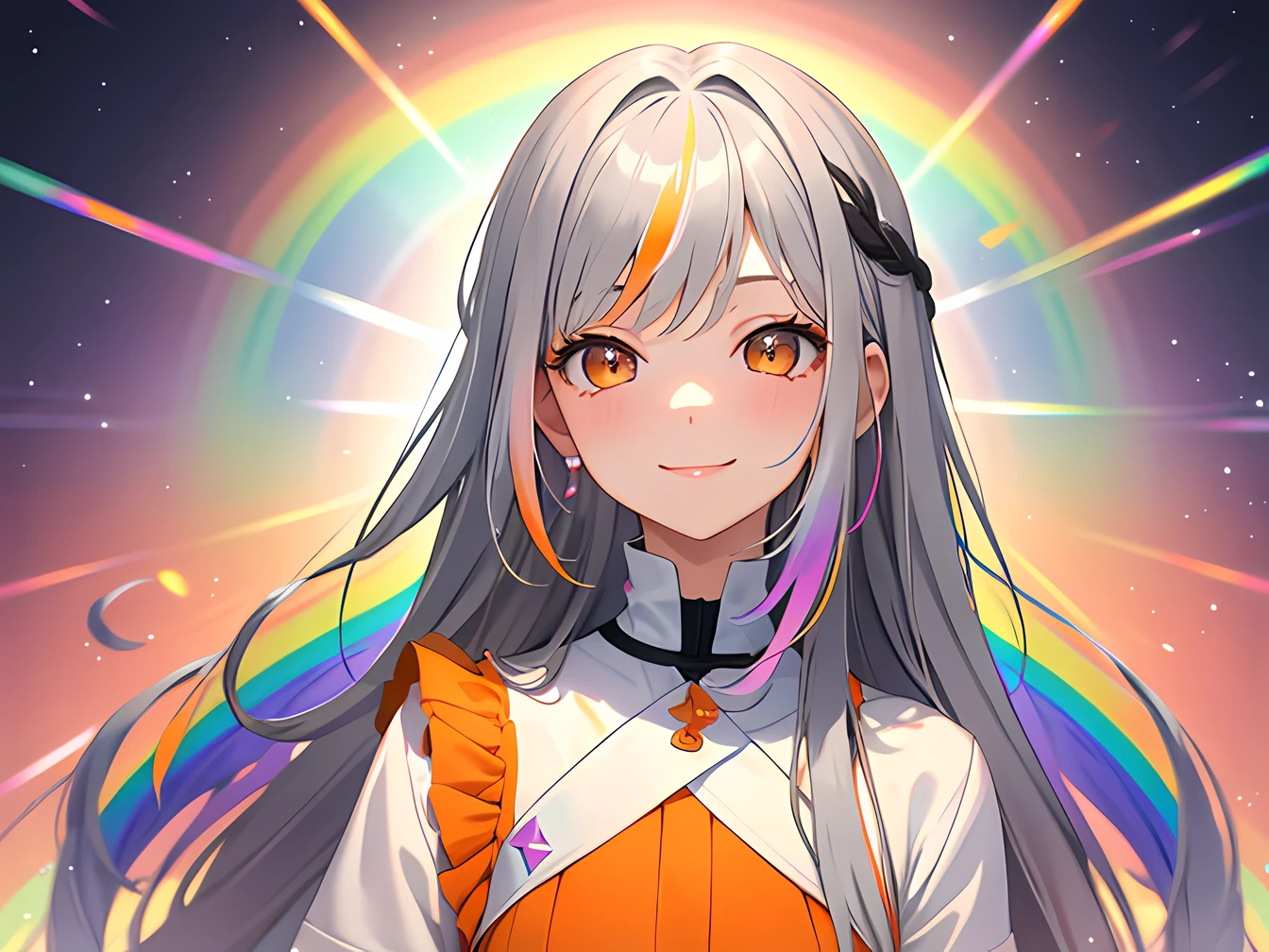 masterpiece, best quality, 1 girl, gray hair, orange eyes, dress, smile, rainbow background, (pastel rainbow)