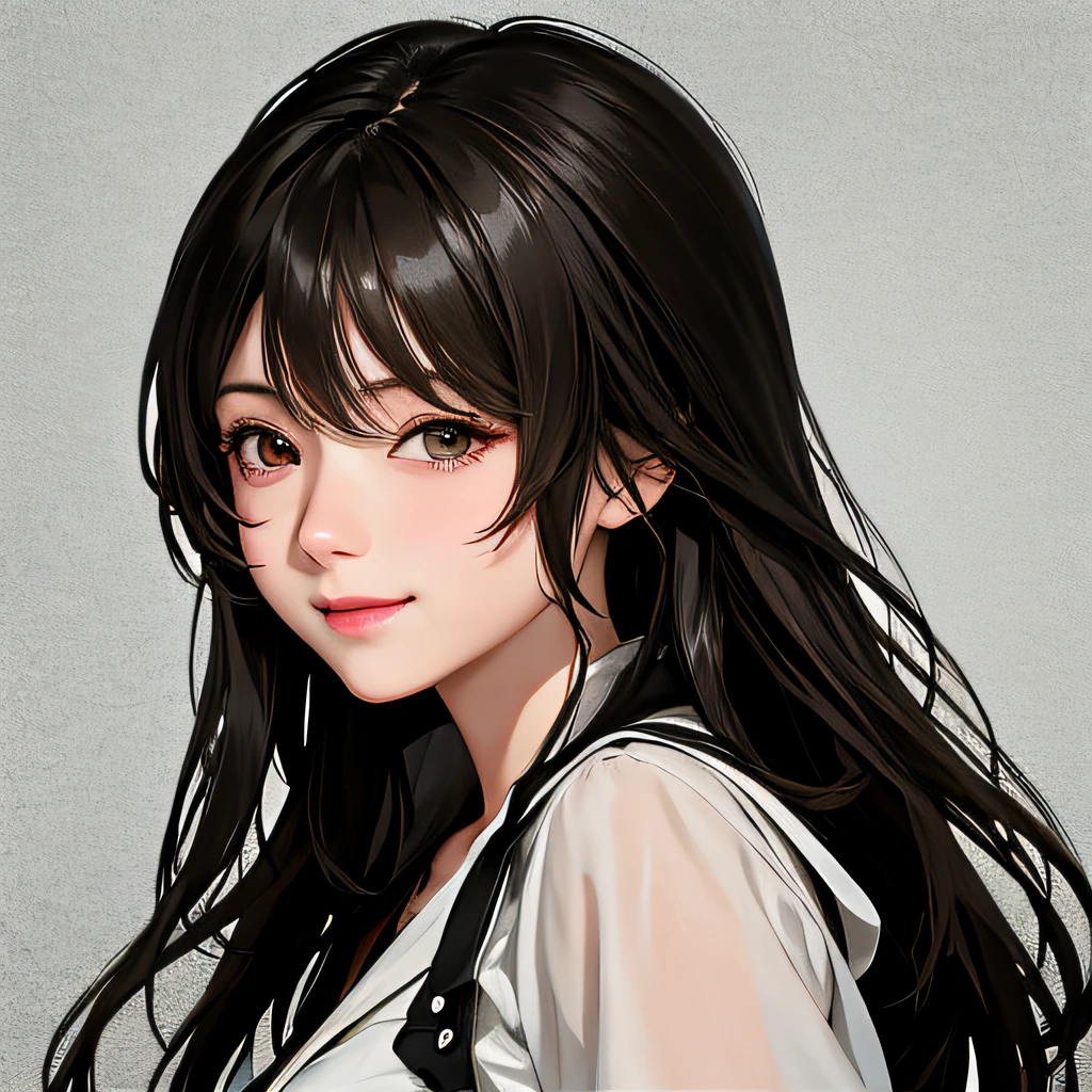 Smile、eyes are brown、Same hairstyle、Dark hair、directly in front、Facing the front、Hands are lowered、white  clothes, made with anime painter studio, digital anime illustration, painted in anime painter studio, Smooth Anime CG Art, anime style portrait, render of april, from girls frontline, digital anime art, anime portrait of shiina ringo, Beautiful Anime Portrait, Portrait Anime Girl, with index finger, charming anime girls