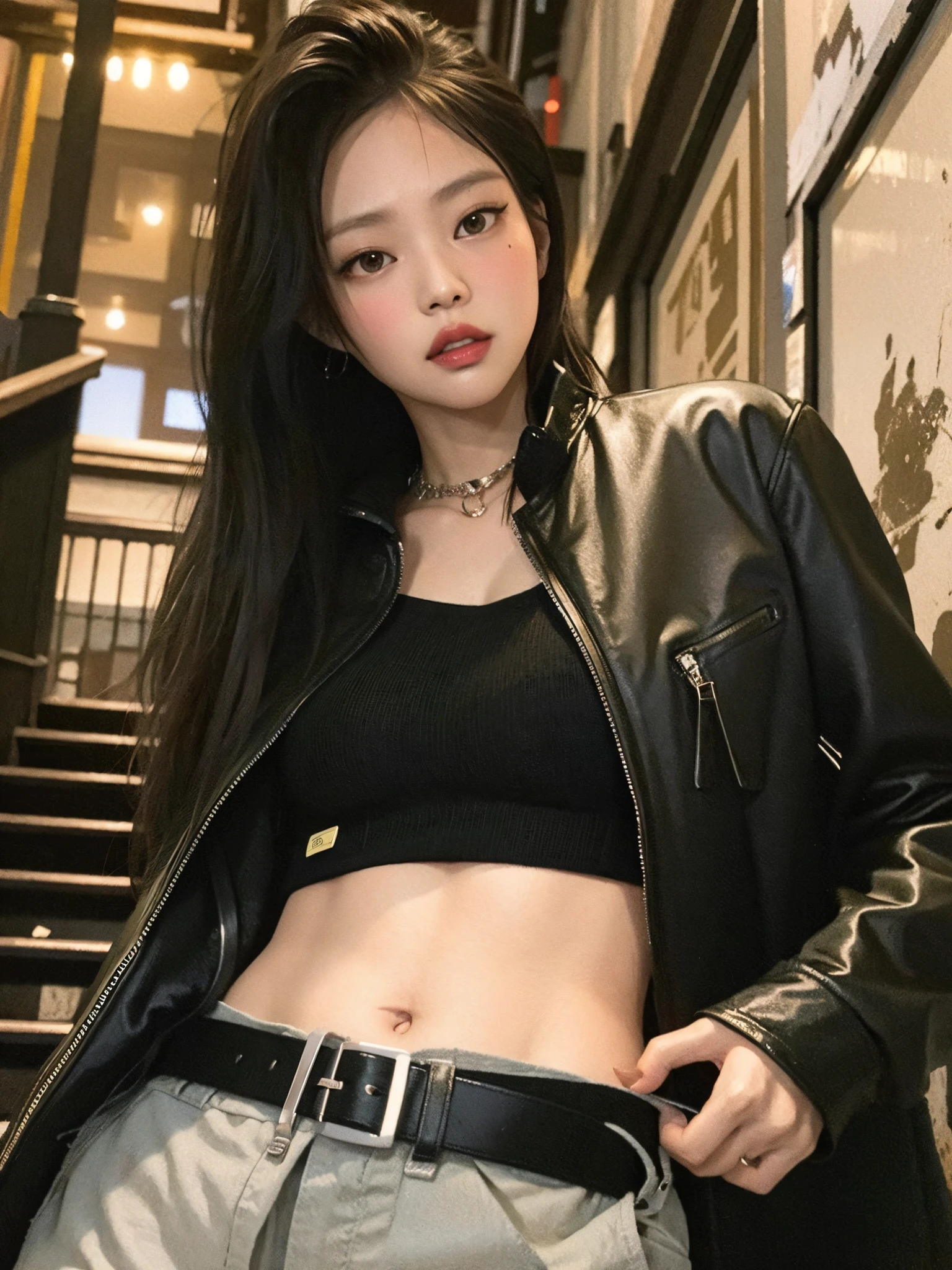 Mulher arafed em um top preto e uma jaqueta preta, jennie blackpink, roupas de couro, Parque Roseanne do Blackpink, roupas finas de couro preto, couro, roupas de couro, usando jaqueta de couro cyberpunk, jossi do blackpink, she is wearing streetwear, Modelo de moda feminina coreana, her navel is exposed, Album art, gemma chen, usando streetwear cyberpunk, mulher no streetwear