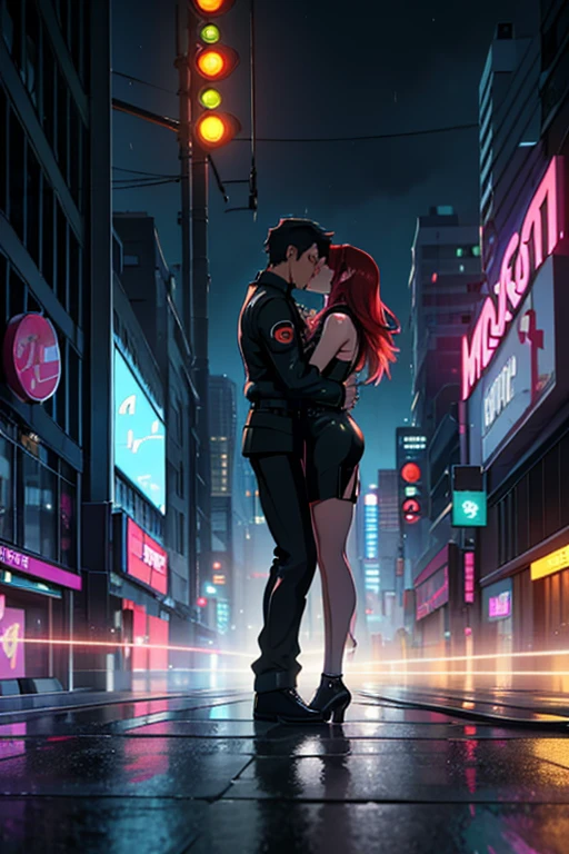 (best quality,4k,8k,highres,masterpiece:1.2),ultra-detailed,(realistic,photorealistic,photo-realistic:1.37),cyberpunk,nighttime,bar,couple,kissing,redhead girl with green eyes,black-and-white-haired boy with blue eyes,anime,neon lights,dystopian cityscape,hovering cars,futuristic technology,gloomy atmosphere,loud music,smoke-filled air,
dynamic action,misty rain,flashing neon signs,tall skyscrapers,street vendors,glowing holograms,intricate tattoos,cybernetic enhancements,sleek and stylish outfits,reflections in puddles,shimmering wet pavement,mysterious alleyways,steam rising from grates,explosions of vibrant colors,motion-blurred background lights,blurred crowds of people,sleek and shiny surfaces,expressive and intense facial expressions,romantic and passionate embrace,excitement and anticipation in the air.