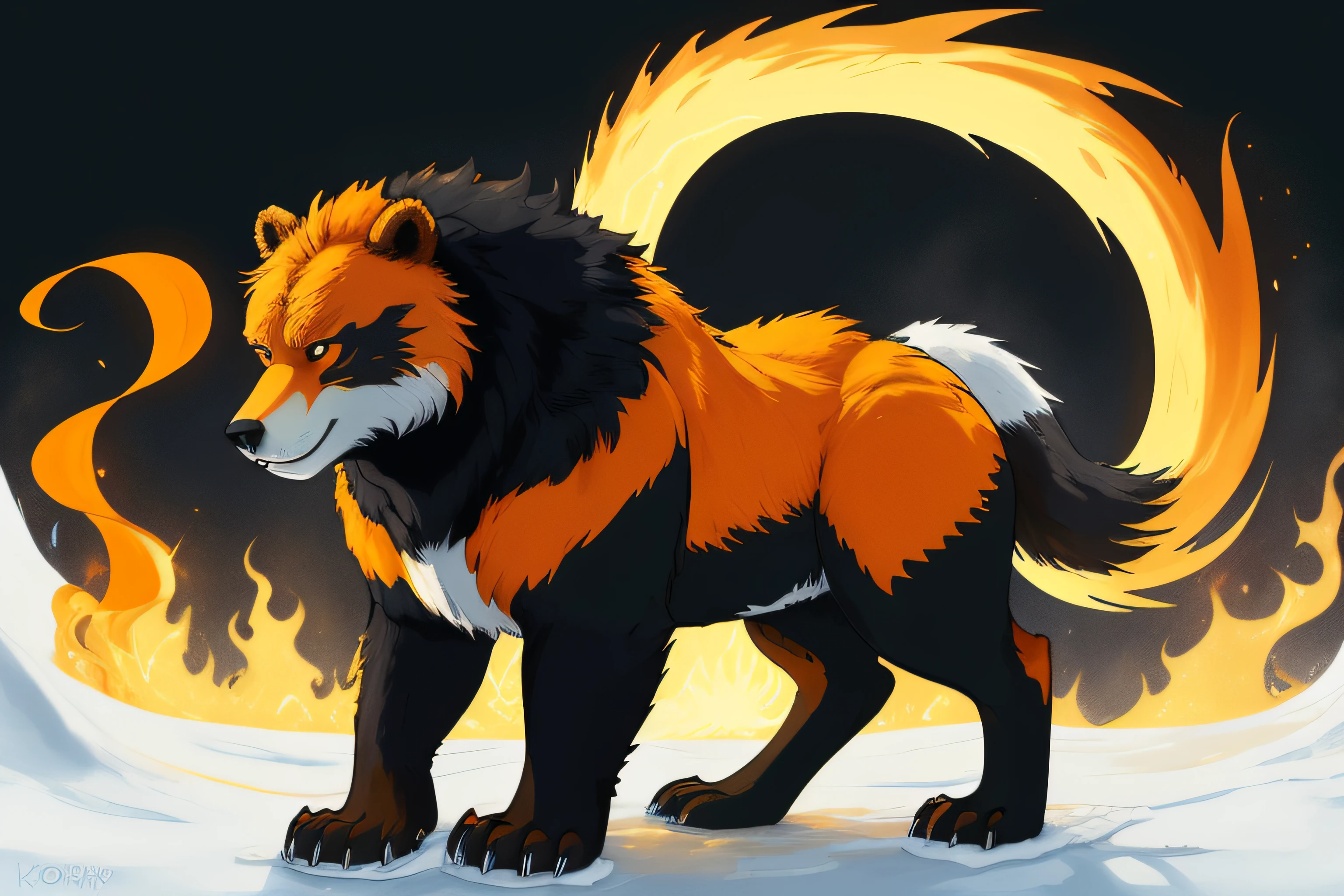 majestic mythical creature, Kodiak bear and fox hybrid, yellow eyes, full animal body, quadruped. long tail. orange and black fur