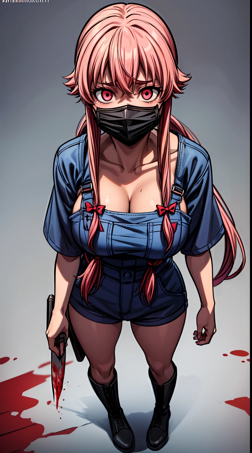 explicit, beautiful, amazing, high quality, detailed background, a woman with large breast in a woods, 1girl, breasts , , , pink hair, large breasts, twintails, long hair, solo focus, mirai nikki, black choker, dark grey overalls, leather gloves, black boots, ((face mask)), red eyes, chasing you through the woods, ((nigth)), crazy, ((crazy eyes)), ((crazy stare)) holding a bloody knife, (fanart of Gasai Yuno), (angry eyes:1.1), (perfect hands:1.4), (masterpiece), best quality, expressive eyes, VHS, ((nigth)), (Parfect Hand:1.3), 4k, 8k, 1980s, from below, (standing over you), wearing a jacket, (Blood:1.1)