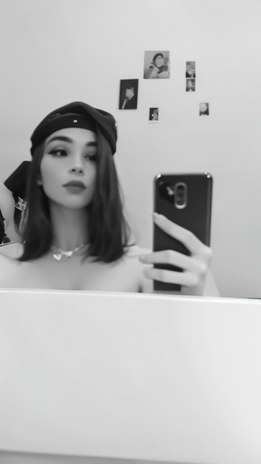 there is a woman taking a selfie in the bathroom mirror, 18 anos, imagem em preto e branco, 1 6 anos, foto granulada em preto e branco, fotografia de baixa qualidade, grainy monochrome photo, foto preto e branco, foto de baixa qualidade, taken in the early 2020s, wearing a chocker and cute hat, uma foto em preto e branco