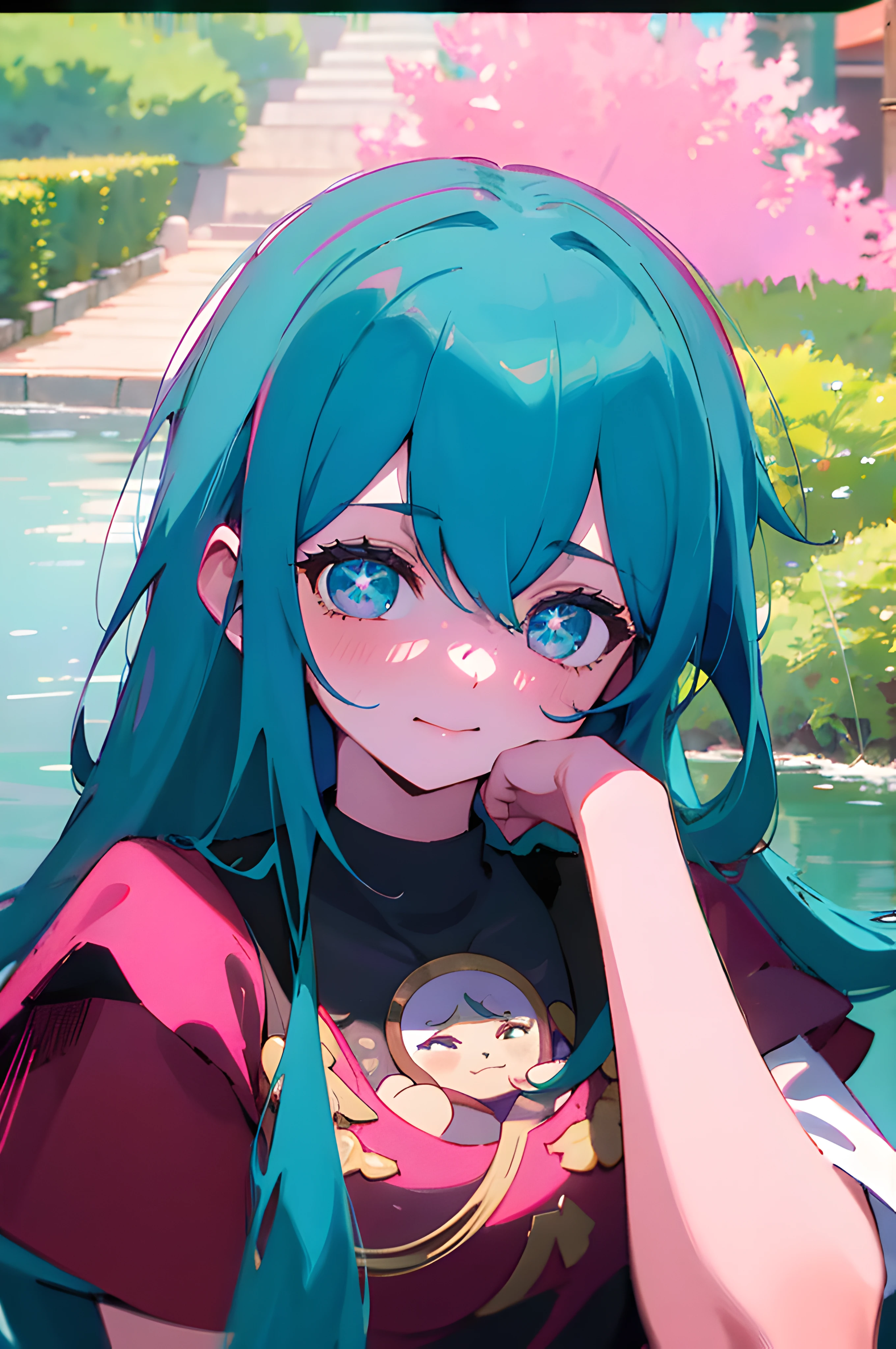 yae miko looking at nakano miku, anime art style, 2girls, solo, long hair, aqua hair,  masterpiece, 8K, Highres, detailed garden, looking at viewer, detailed t-shirt,