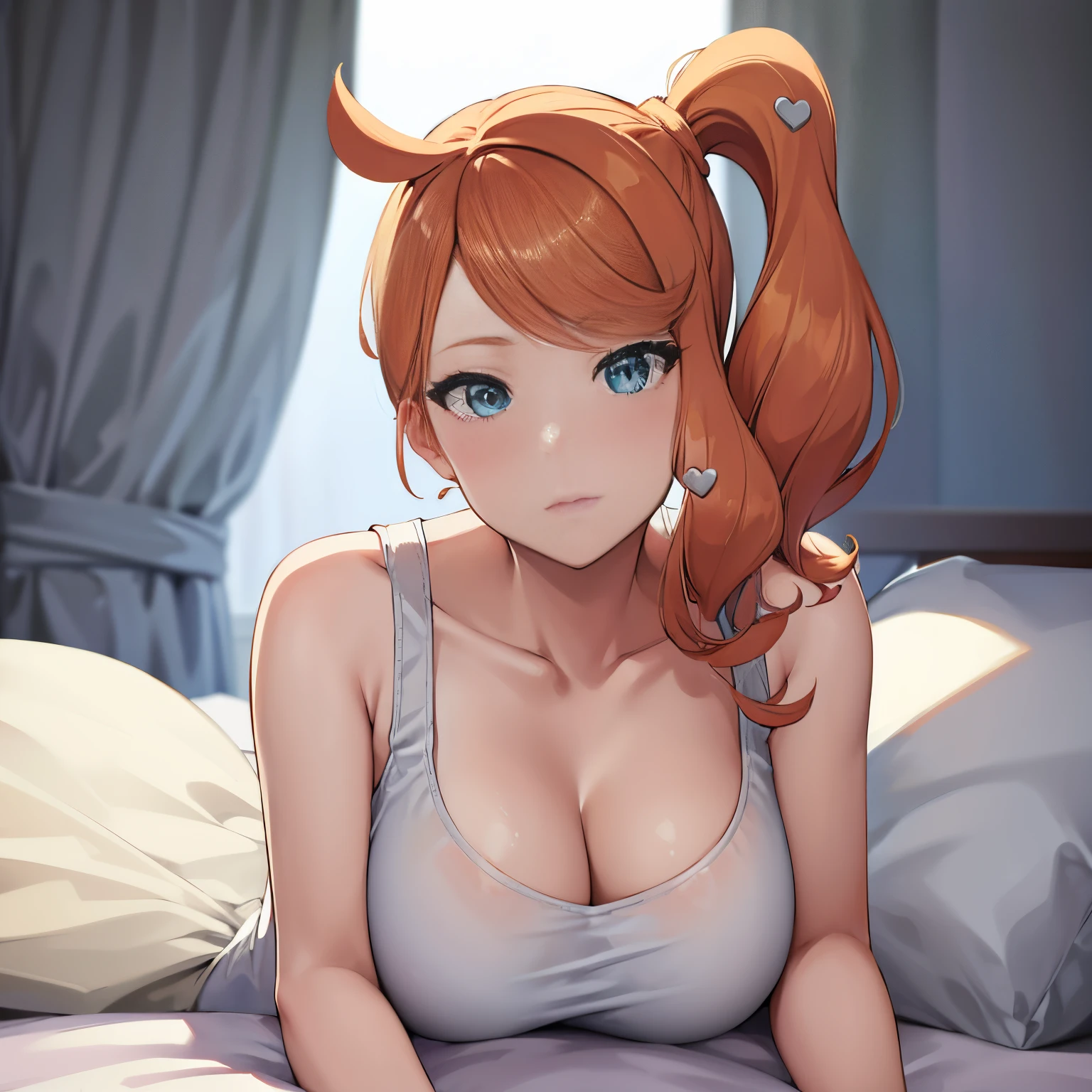 (masterpiece, best quality:1.2), solo, 1girl, sonia, side ponytail, heart hair ornament, ((white tanktop)), ((white shirt)), loose fitting shirt, deep cleavage, looking at viewer, (facing viewer head on), twirling hair, forward facing, confident, lying in bed, inside, lying ontop of male body, (pov: woman lying ontop), large breasts, upper body