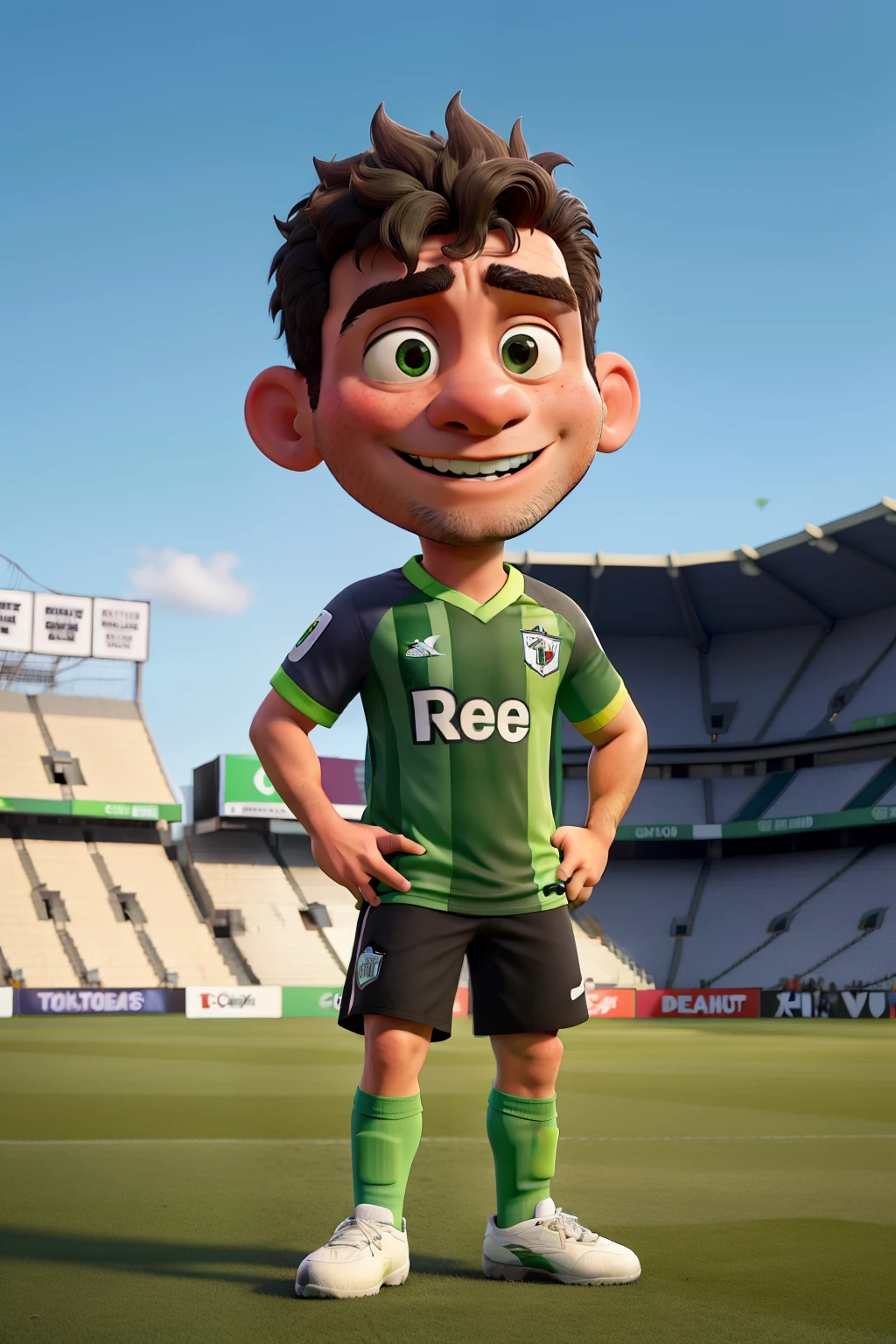 Um galo vestindo camisa de futebol verde, chorando tristemente em um campo de futebol