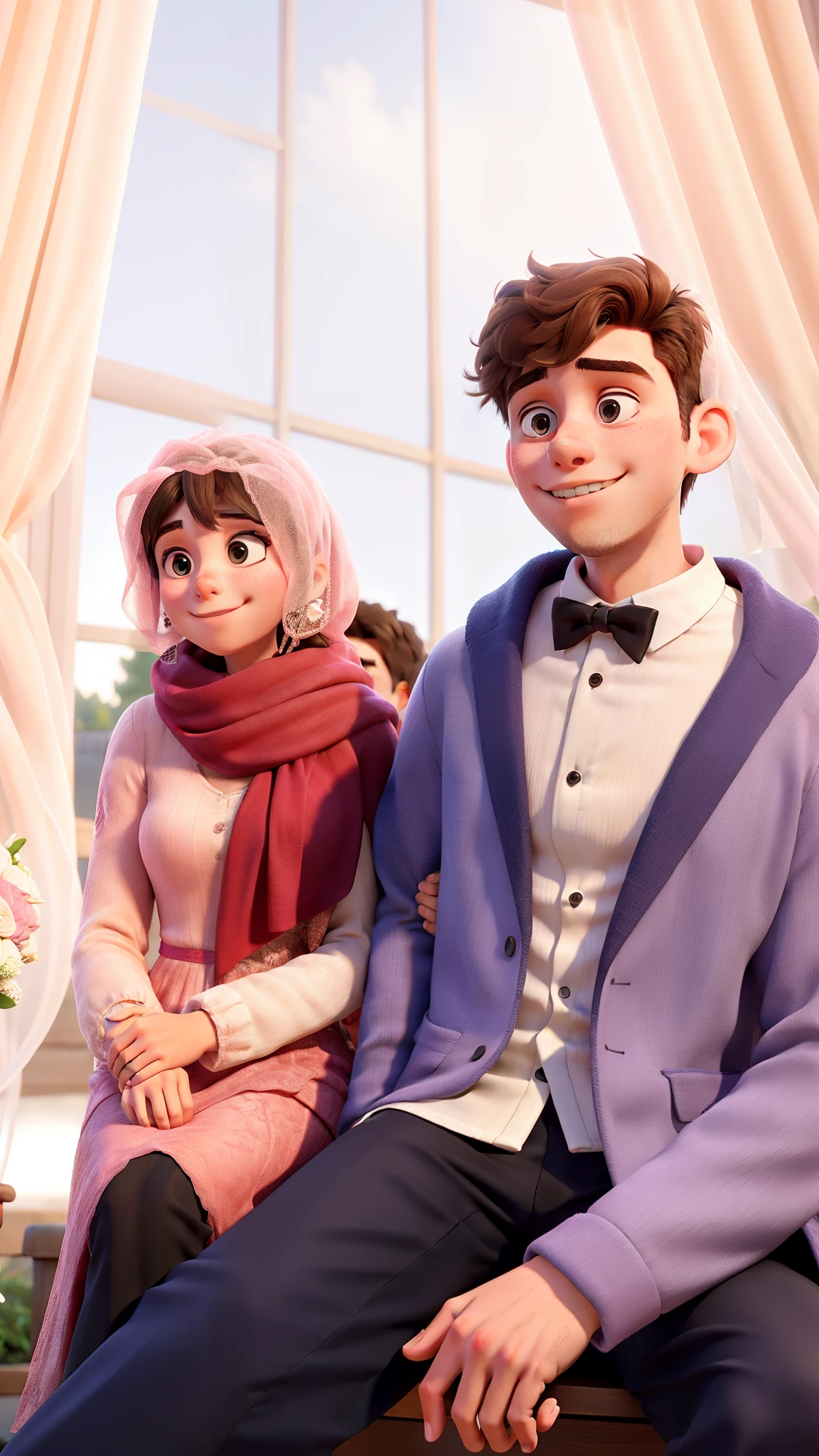 A young man and his girlfriend wearing a pink veil and sitting at a wedding