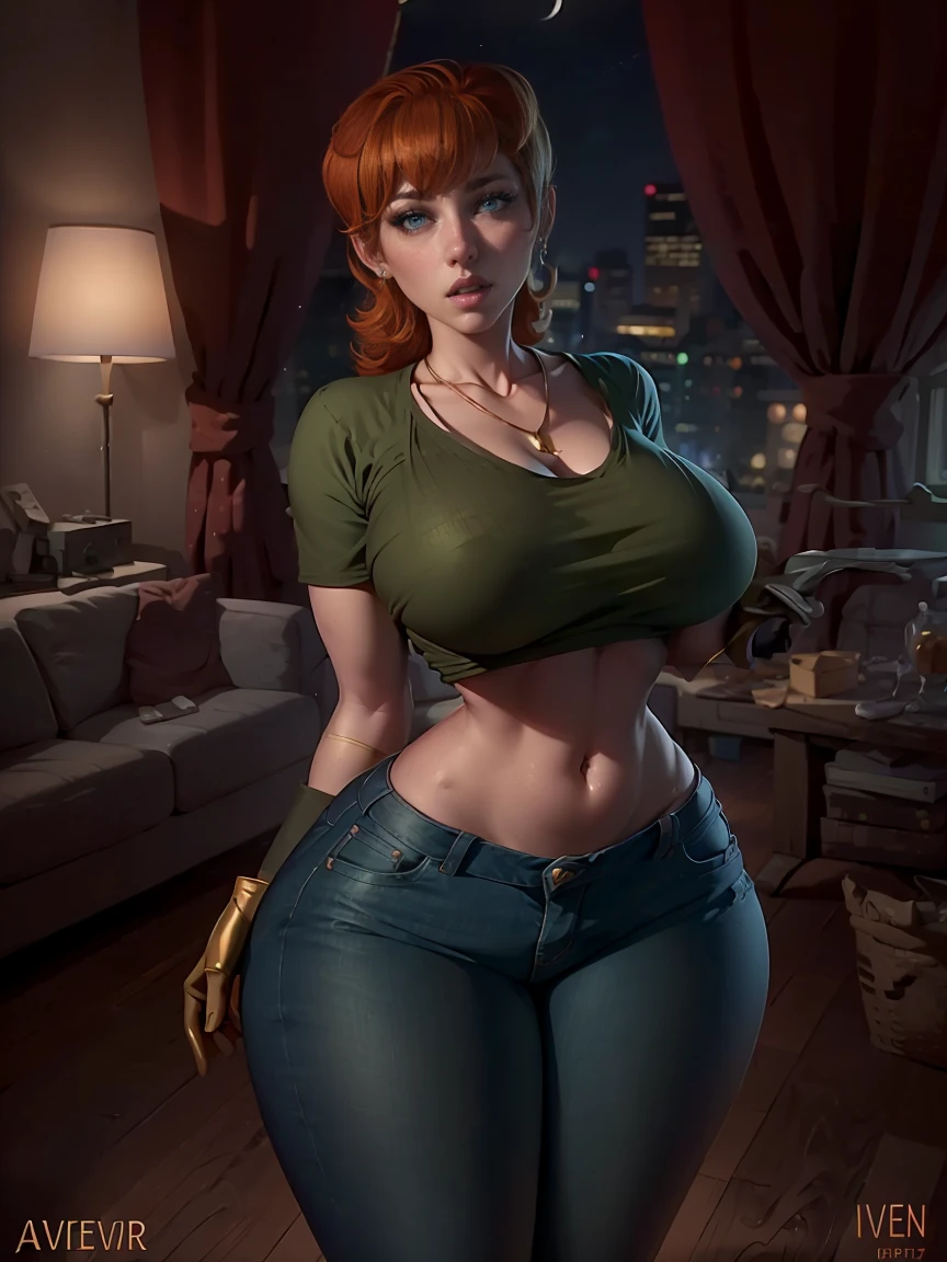 (master piece: 1.1), mom (dexter's laboratory), a beatiful mature woman, large breasts, curvy, orange hair, maid costume, detailed blue eyes, full lips, high detailed face, seductive expression, (wearing a avental, green shirt, jean pants), wide hips, night, necklace, curvy physique, ear rings, gloves, mommy body, soft lighting, living room, sofa,