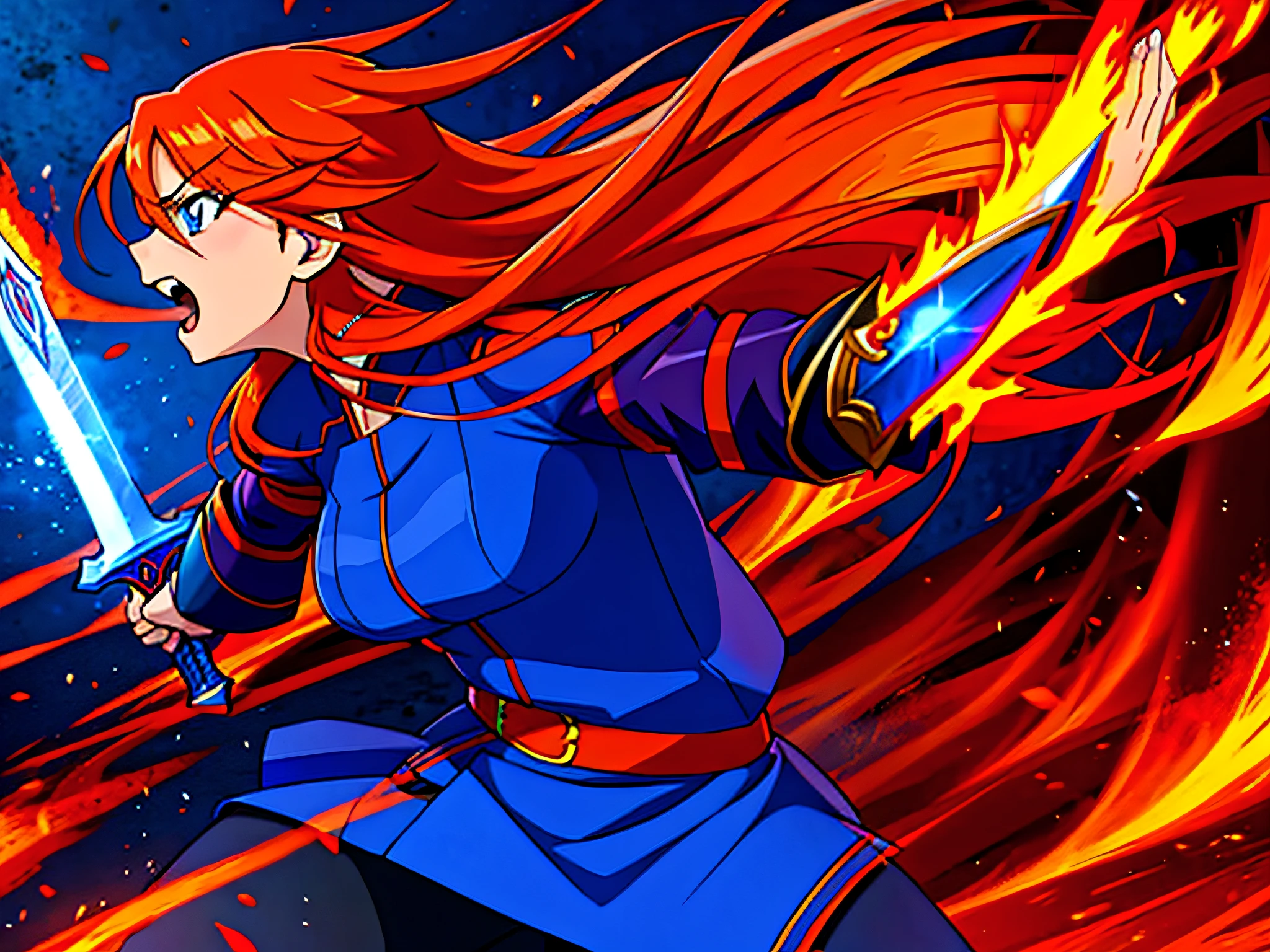 anime style art, side view, a beautiful attractive young woman with bright orange hair, blue eyes, red warrior dress clothes, rushing, sword raised, angry yell, action pose, high quality digital art, fiery background, orange swirly background, fire
