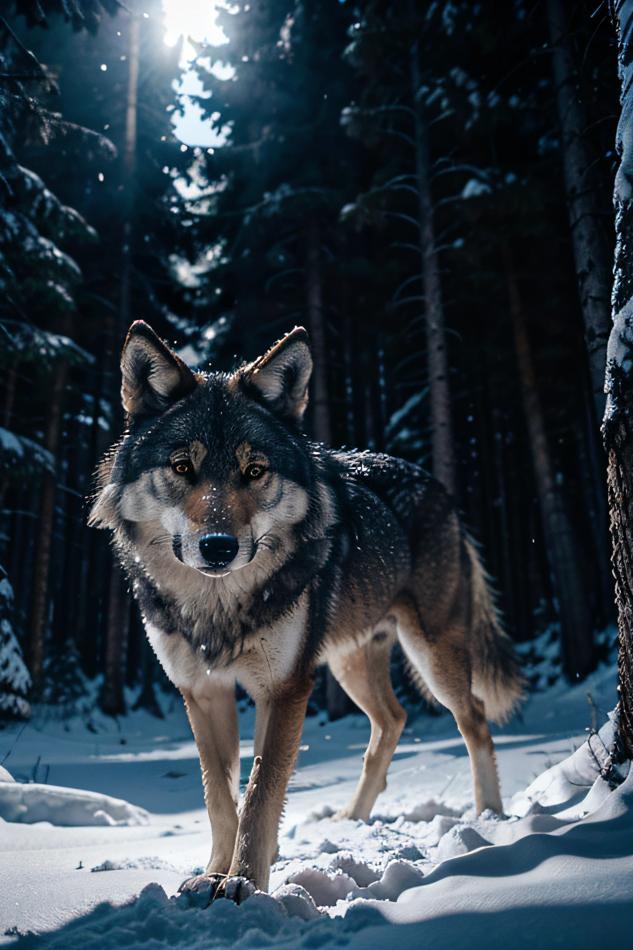 wolf in the middle of a snowy forest at night