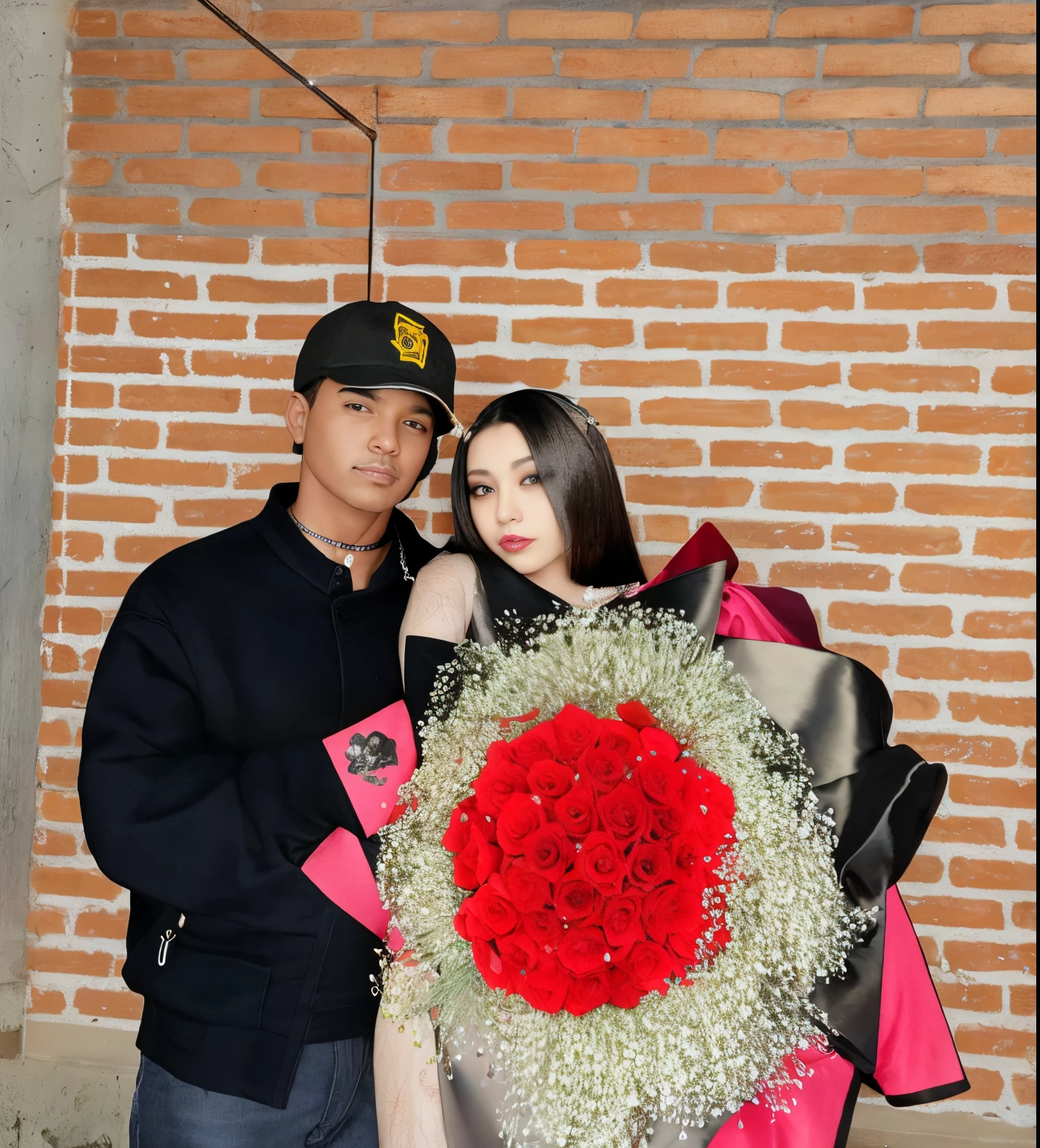 hay un hombre y una mujer sosteniendo un ramo de rosas, Pareja encantadora, con ella larga, con flores, con hiedra, rosas rojas, rosses, Red neon roses, sosteniendo flores, Flor de Alexis, Corona de rosas, Pose de pareja, Rosas rojas en la parte superior, sosteniendo una rosa roja, they are in love, Frank Franzzeta y Sakimichan