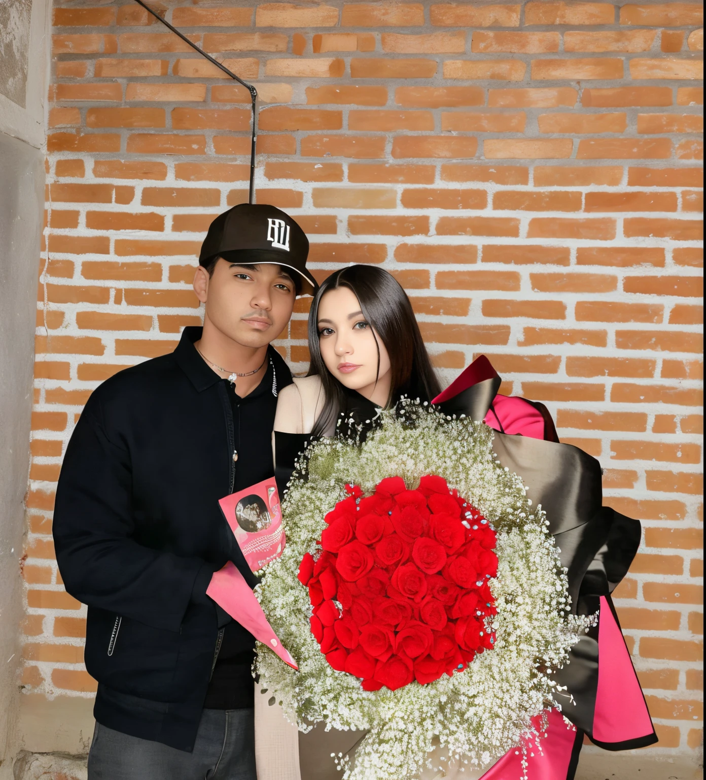 hay un hombre y una mujer sosteniendo un ramo de rosas, Pareja encantadora, con ella larga, con flores, con hiedra, rosas rojas, rosses, Red neon roses, sosteniendo flores, Flor de Alexis, Corona de rosas, Pose de pareja, Rosas rojas en la parte superior, sosteniendo una rosa roja, they are in love, Frank Franzzeta y Sakimichan