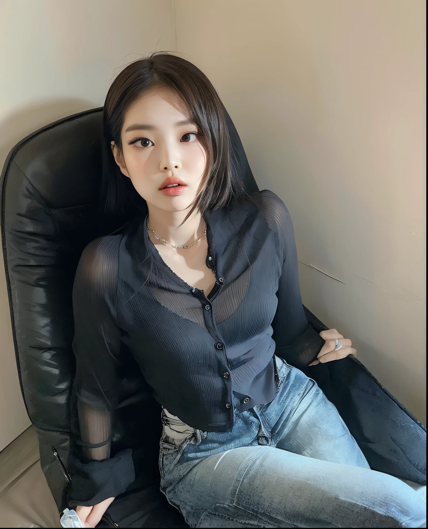 mulher arrafada sentada em uma cadeira com um controle remoto, coreana, Mulher sul-coreana bonita, linda mulher coreana jovem, Heonhwa Choe, Mulher coreana, mulher coreana jovem bonita, Modelo de moda feminina coreana, usando uma blusa, cruel korean goth girl, atriz da Coreia, Lee Ji-eun, Lee Ji - Eun, 韓国アイドル, com preto