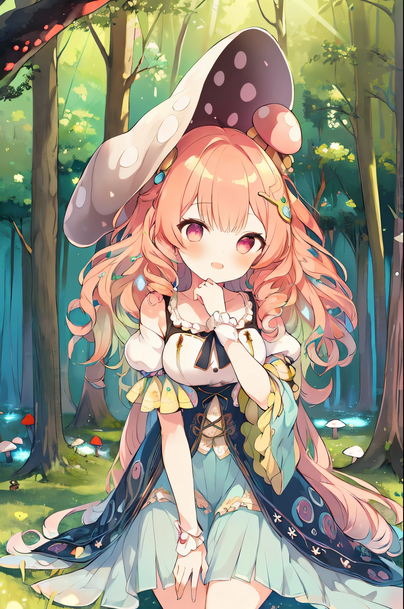 (a girl with) mushroom on head, detailed curly hair, colorful mushrooms all over, vibrant colors, fantasy style, ethereal lighting, best quality, ultra-detailed, dreamy atmosphere, magical forest background, whimsical, surreal scene.