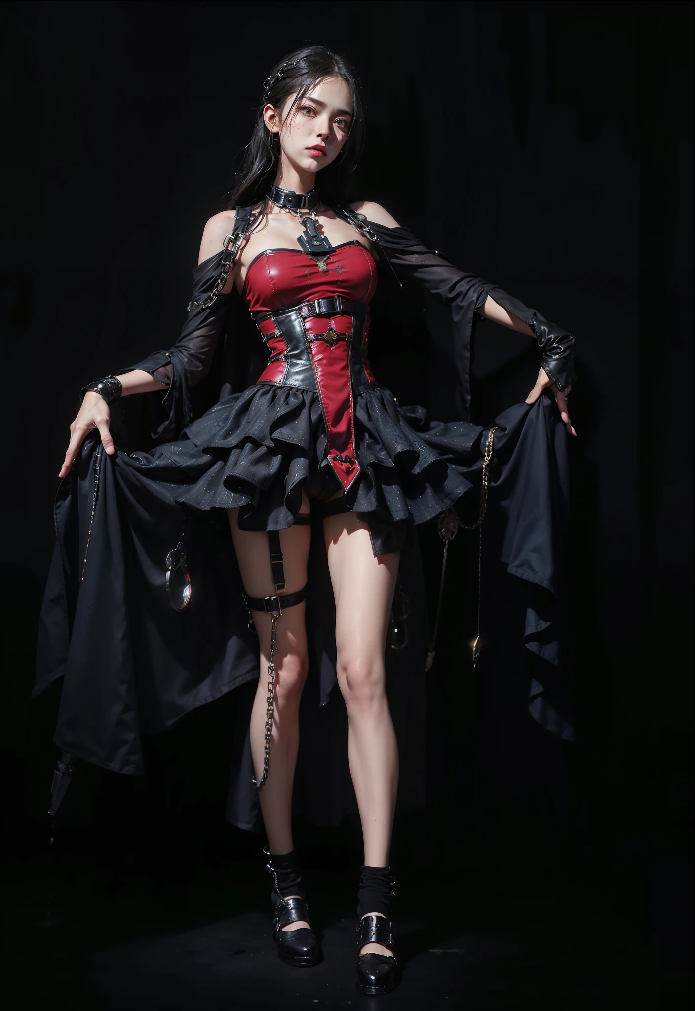 (8K、RAW Photos、Highest quality、masterpiece:1.2)、(Realistic、Realistic)、1 Girl、((Red and black dress、Fantasy、Anime Costumes、Frills、See-through、Shorts、boots、chest emphasis、whole body、garden、View from the front、Looking into the camera、Stand with your hands on your hips))、