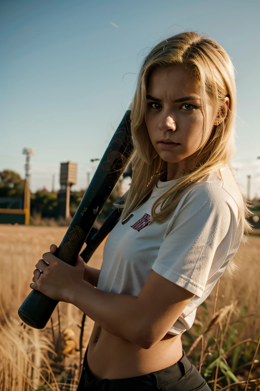 an angry young woman with blonde hair in her 20s holding a baseball bat, blurred field background, high definition, cinematic