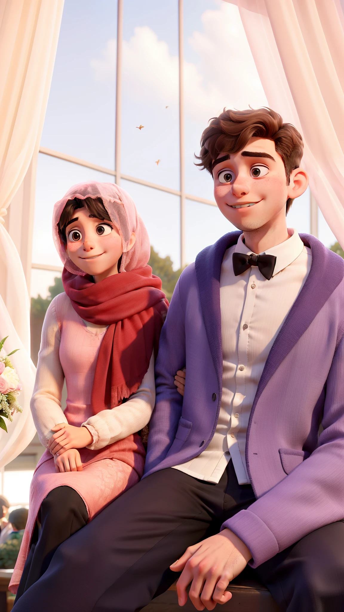 A young man and his girlfriend wearing pink veils sitting at a wedding