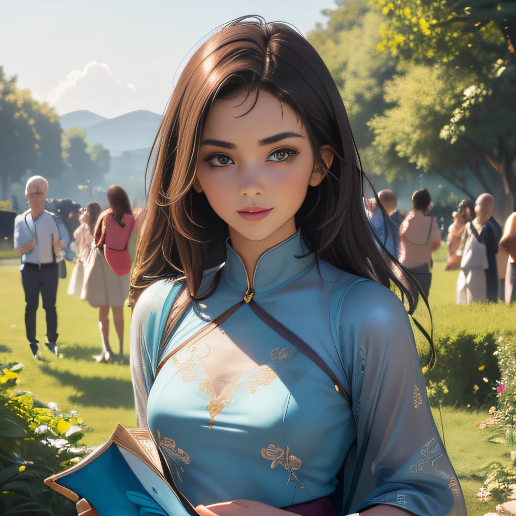 (Extremely detailed 8k wallpaper:2), (photo:2), (soigne Beautiful girl:2), (gives a lecture to friends:2), detailed (Face and eyes), (hyper realistic:1), (highly detailed:1), (epic realistic:1), rim light, (maximum details:1), cozy, (fullbody:1.3), (looking at viewer:2), (Woman's Attractive Qualities:2), (Attractive Woman:2), (Attractive:2), Smile, Intelligence, Empathy, Gracefulness, Sense of Style, Fitness, Grooming, Optimism, (Sensitivity:2), Sincerity, Romantic Gestures, Playfulness, Fashion Sense, (Sensuality:2), Charm, Modesty, Thoughtfulness, (Femininity:1), Flirtatiousness, Warmth, (Physical attractiveness:2), A beautiful smile, A love of life, strength and power, vulnerability, curiosity, wonder, love, (nature background:2), kawaii, waifu, Beautiful breasts, (attractive body:2), (Beautiful body:2), Beautiful pose, attractive pose, (Beautiful legs:1.0), (Beautiful clothes:1), (classic clothes:2), (elegant clothes:2), (European clothes:2), detailed clothes, (skirt:1), (blouse:1), (provocative pose)