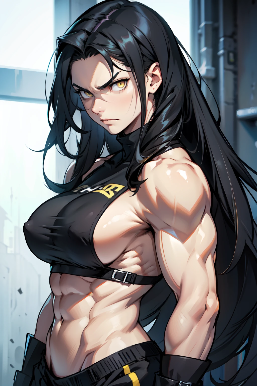 1girl black hair yellow eyes very long hair pale skin frowning bodybuilder huge breasts muscular toned body long abs