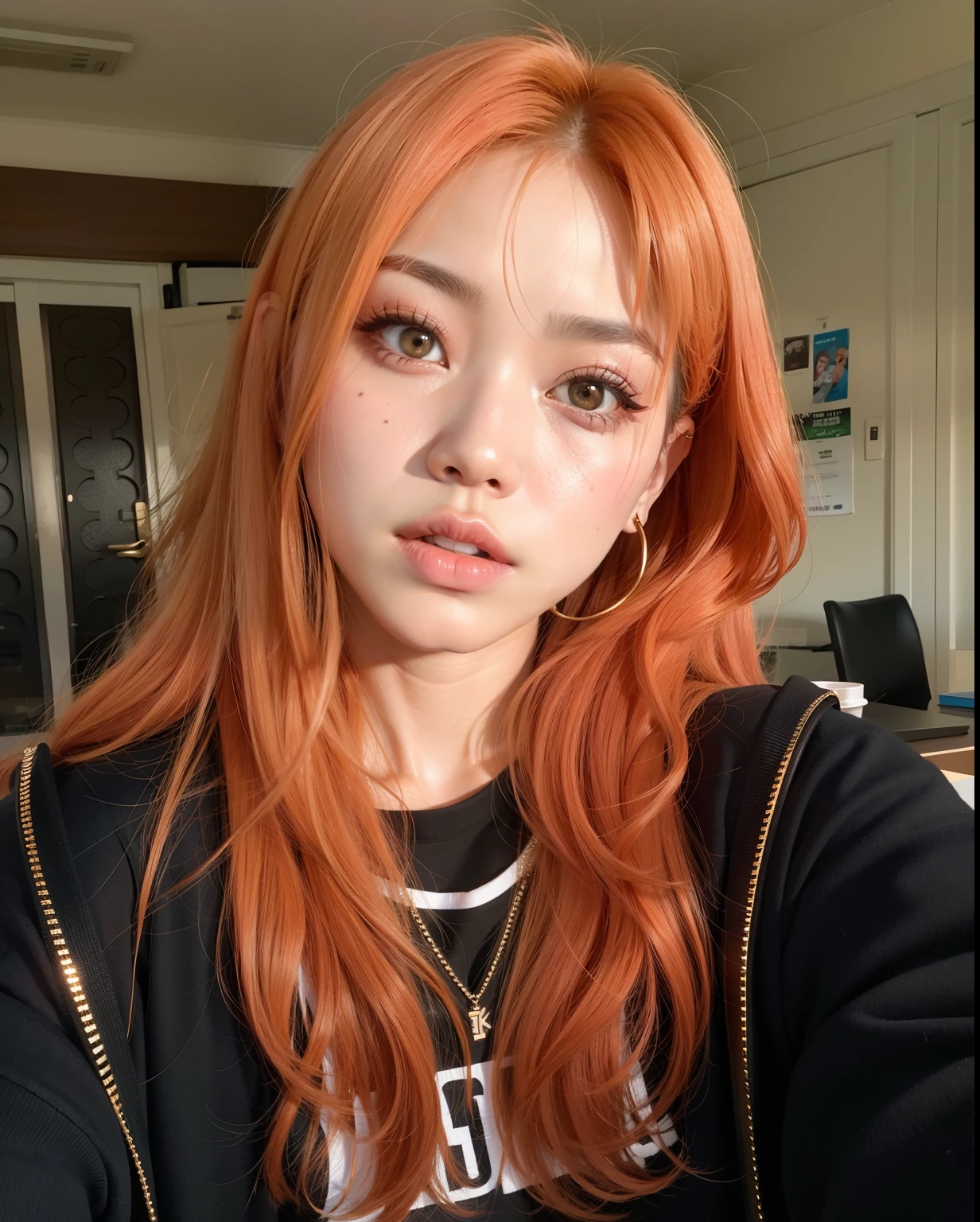 um close up de uma mulher com longos cabelos ruivos e um colar, Dom Yunjoo, Lalisa Manobal, ela tem cabelos longos e redorange, Lalisa Manoban do Blackpink, com franja, Ela tem longos cabelos castanhos alaranjados, com franja completa, Ulzzang, jossi do blackpink, orange hair, Parque Roseanne do Blackpink, cabelo laranja longo