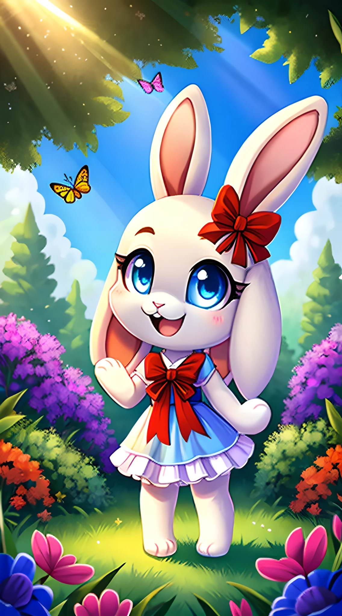 zoomed out image, cute style art, fantasy style art, cute, adorable, short character, small, tiny little fluffy female white bunny with blue eyes, 4 ears, 2 extra ears, big floppy ears, long ears, ears perked up, raised ears, long eyelashes, poofy rabbit tail, wearing a red frilly ribbon dress, smiling, standing in a colorful fantasy forest, soft tones, big expressive smile, open mouth, wide eyes, excited eyes, excited face, stunning visuals, sunlight coming through the trees, flowers scattered in the bushes, butterflies in the air, digital illustration