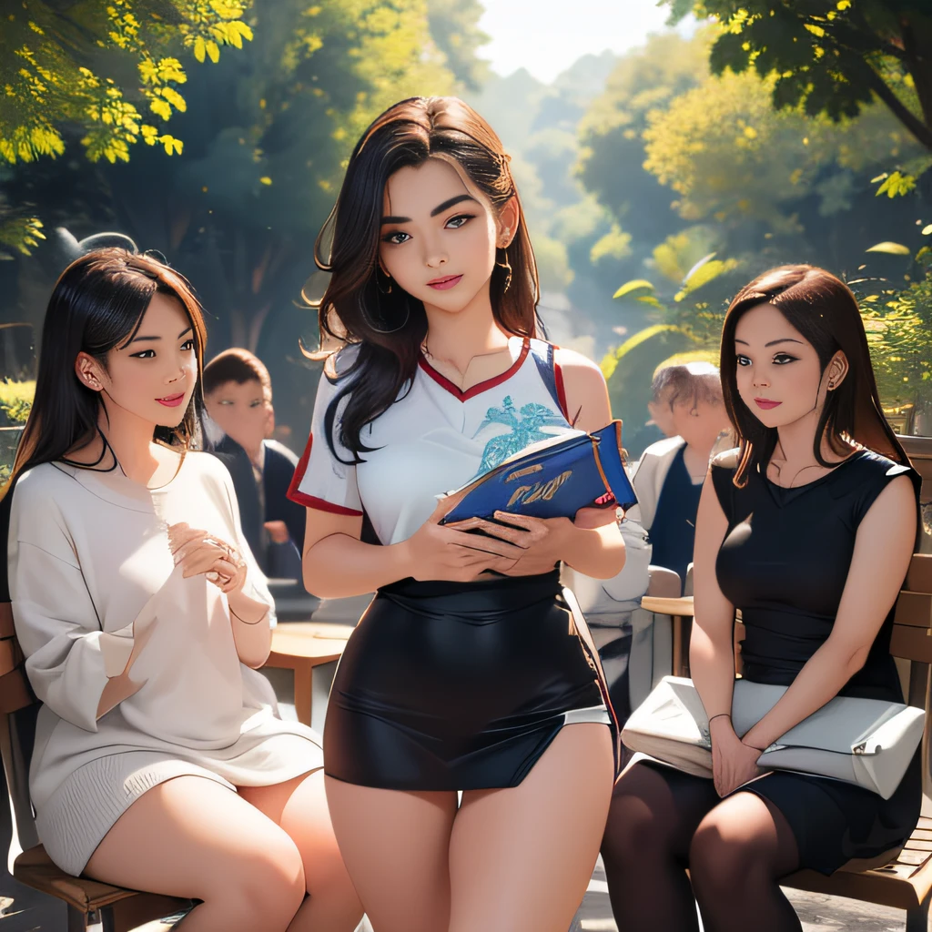 (Extremely detailed 8k wallpaper:2), (photo:2), (22 years old soigne Beautiful girl:2), (gives a lecture to friends:2), detailed (Face and eyes), (hyper realistic:1), (highly detailed:1), (epic realistic:1), rim light, (maximum details:1), cozy, (fullbody:1.3), (looking at viewer:2), (Woman's Attractive Qualities:2), (Attractive Woman:2), (Attractive:2), Smile, Intelligence, Empathy, Gracefulness, Sense of Style, Fitness, Grooming, Optimism, (Sensitivity:2), Sincerity, Romantic Gestures, Playfulness, Fashion Sense, (Sensuality:2), Charm, Modesty, Thoughtfulness, (Femininity:1), Flirtatiousness, Warmth, (Physical attractiveness:2), A beautiful smile, A love of life, strength and power, vulnerability, curiosity, wonder, love, (nature background:2), kawaii, waifu, Beautiful , (attractive body:2), (Beautiful body:2), Beautiful pose, attractive pose, (Beautiful legs:1.0), (Beautiful clothes:1), (classic clothes:2), (elegant clothes:2), (European clothes:2), detailed clothes, (skirt:1), (blouse:1), (provocative pose)