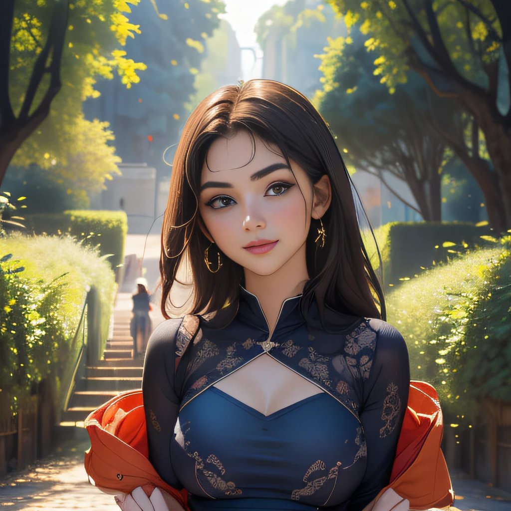 (Extremely detailed 8k wallpaper:2), (photo:2), (soigne Beautiful girl:2), (gives a lecture to friends:2), detailed (Face and eyes), (hyper realistic:1), (highly detailed:1), (epic realistic:1), rim light, (maximum details:1), cozy, (fullbody:1.3), (looking at viewer:2), (Woman's Attractive Qualities:2), (Attractive Woman:2), (Attractive:2), Smile, Intelligence, Empathy, Gracefulness, Sense of Style, Fitness, Grooming, Optimism, (Sensitivity:2), Sincerity, Romantic Gestures, Playfulness, Fashion Sense, (Sensuality:2), Charm, Modesty, Thoughtfulness, (Femininity:1), Flirtatiousness, Warmth, (Physical attractiveness:2), A beautiful smile, A love of life, strength and power, vulnerability, curiosity, wonder, love, (nature background:2), kawaii, waifu, Beautiful breasts, (attractive body:2), (Beautiful body:2), Beautiful pose, attractive pose, (Beautiful legs:1.0), (Beautiful clothes:1), (classic clothes:2), (elegant clothes:2), (European clothes:2), detailed clothes, (skirt:1), (blouse:1), (provocative pose)