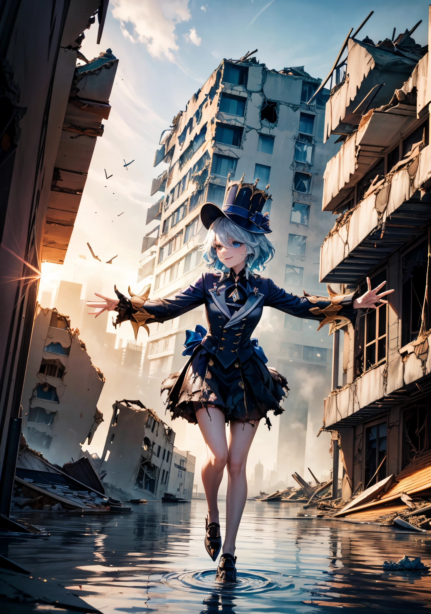 Masterpiece, best quality, Furina, 1girl, evil looking, sinister smile, (walking on water), hovering on top of the water, water particles, top hat, (slightly flooded city), (destroyed city:1.4), (destroyed buildings:1.7), dystopian,